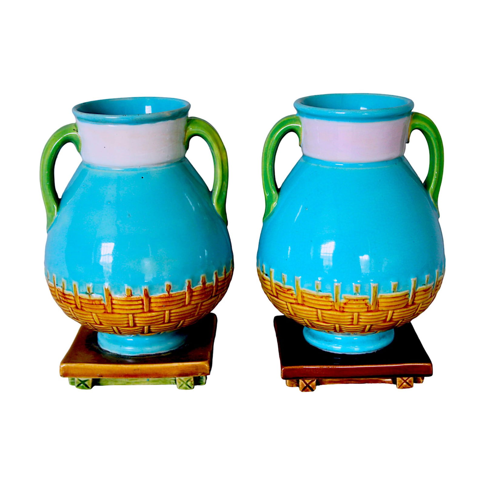 Pair of Minton majolica turquoise vases (1 of 3)