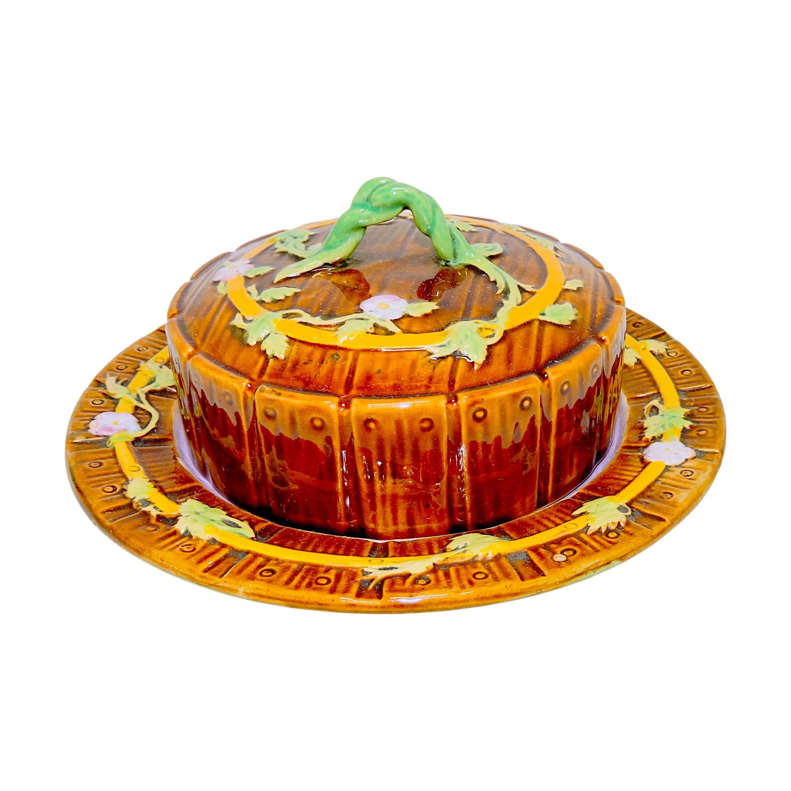 George Jones majolica picket fence and: floral butter dish, 7 1/2"d