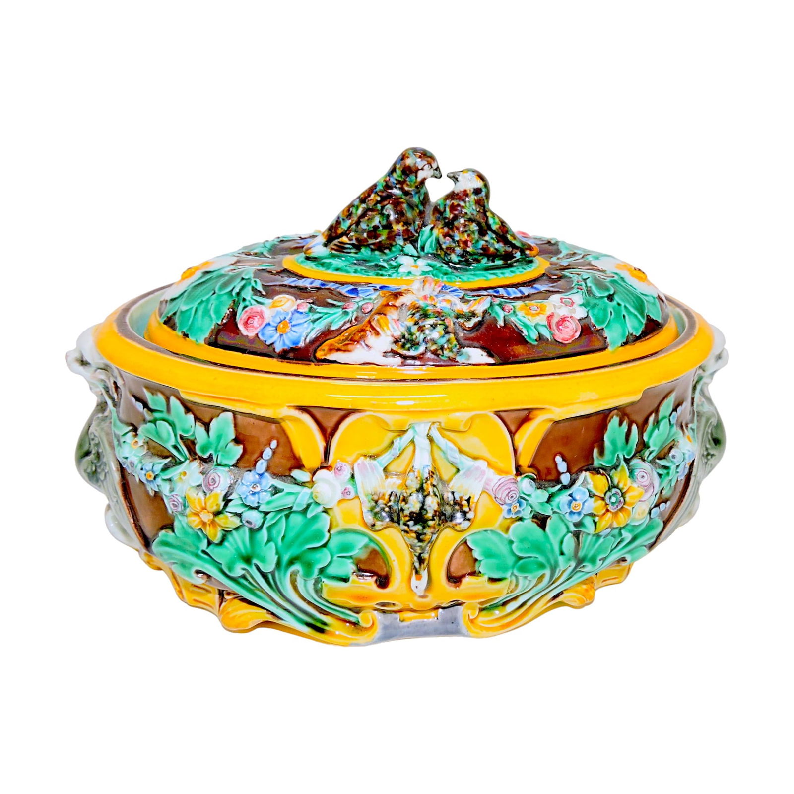 Wedgwood majolica love birds game: dish, 5 1/2"h, 9 1/2"w