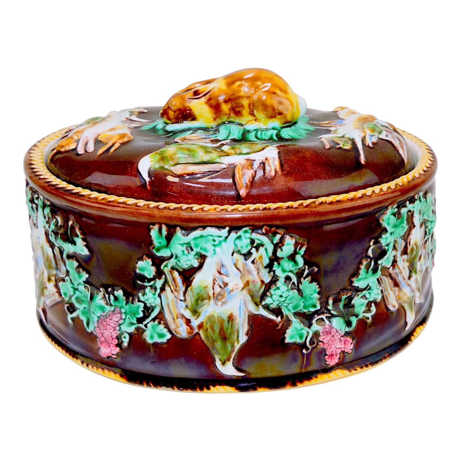 Wedgwood majolica game dish with: rabbit finial, 10"w, 6"h