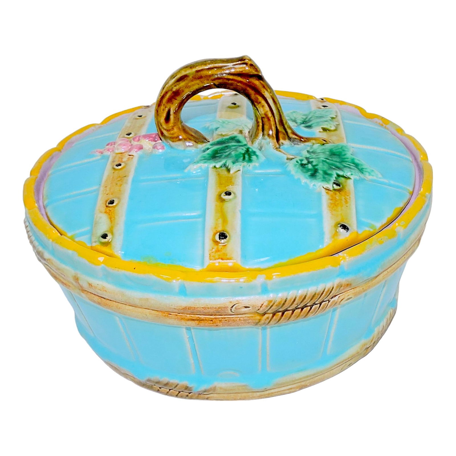 George Jones majolica picket fence: butter tub, 5 1/2"d