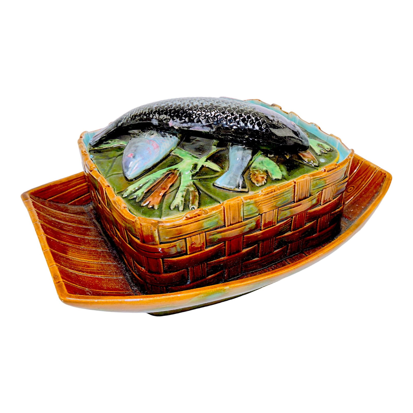 George Jones majolica sardine box: with basket on boat, 9"w, professional rim repair