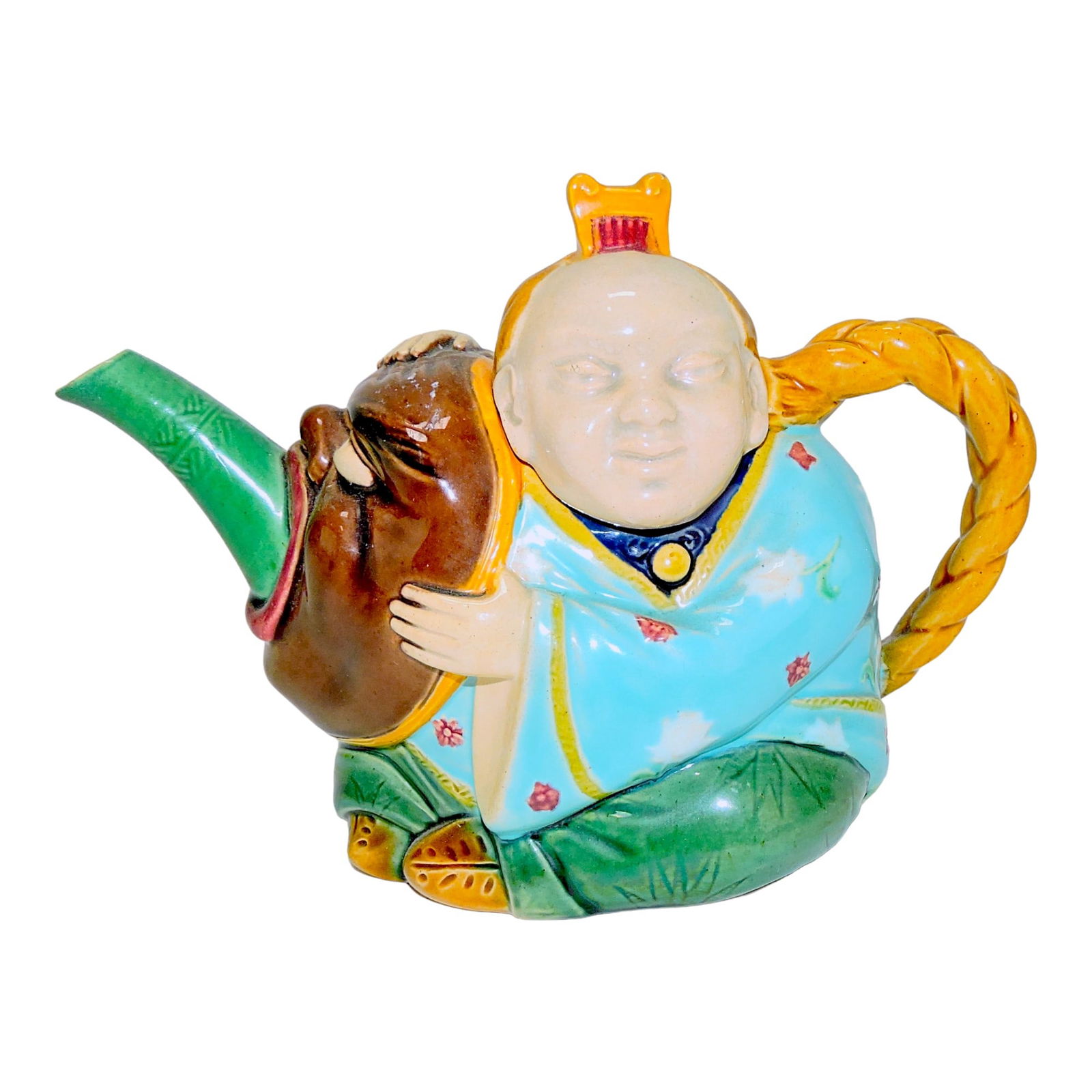 Minton majolica Chinaman teapot,: 5 1/2"h, 7 1/2"l, professional spout repair