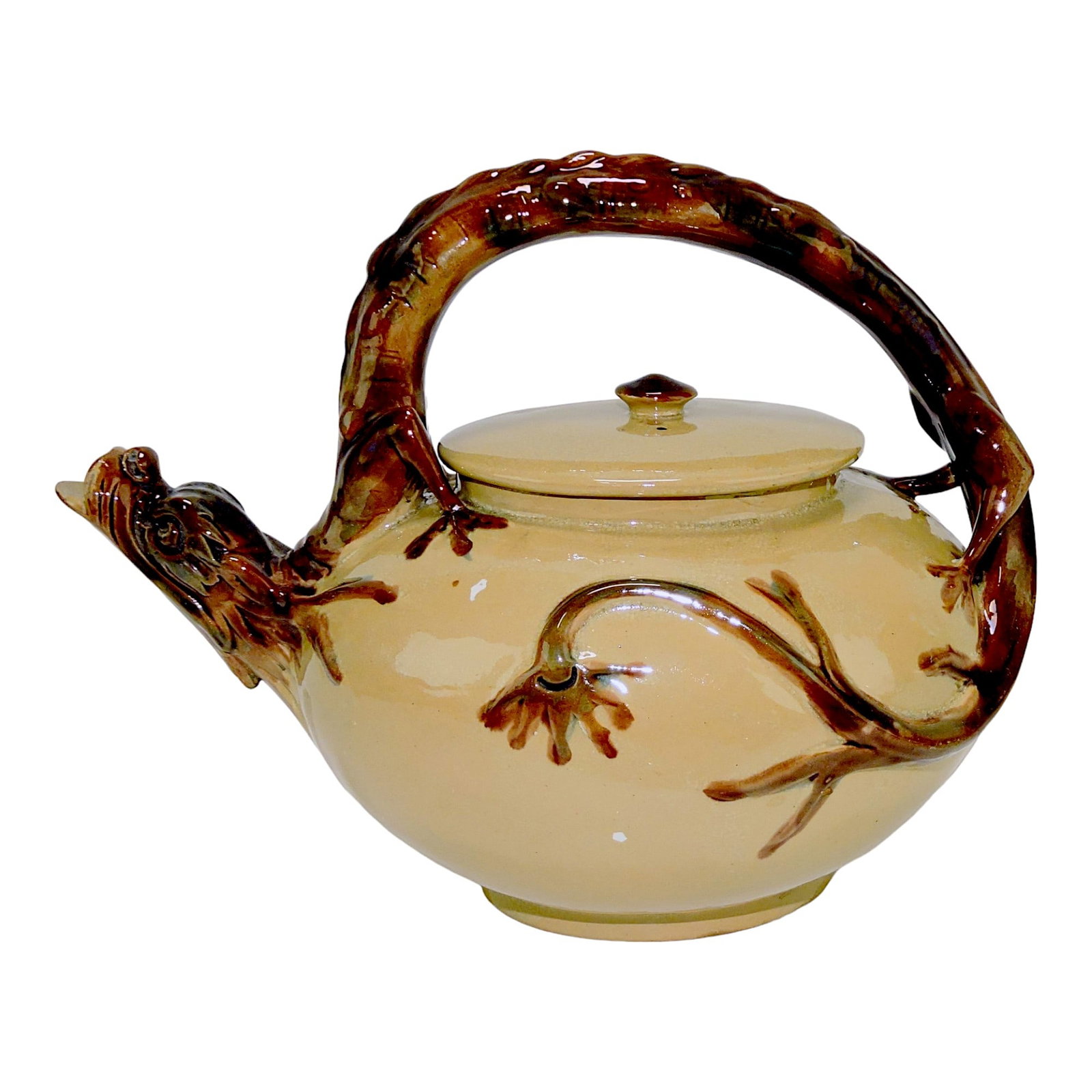 Minton tan/brown dragon handled tea: kettle, 7 1/2"