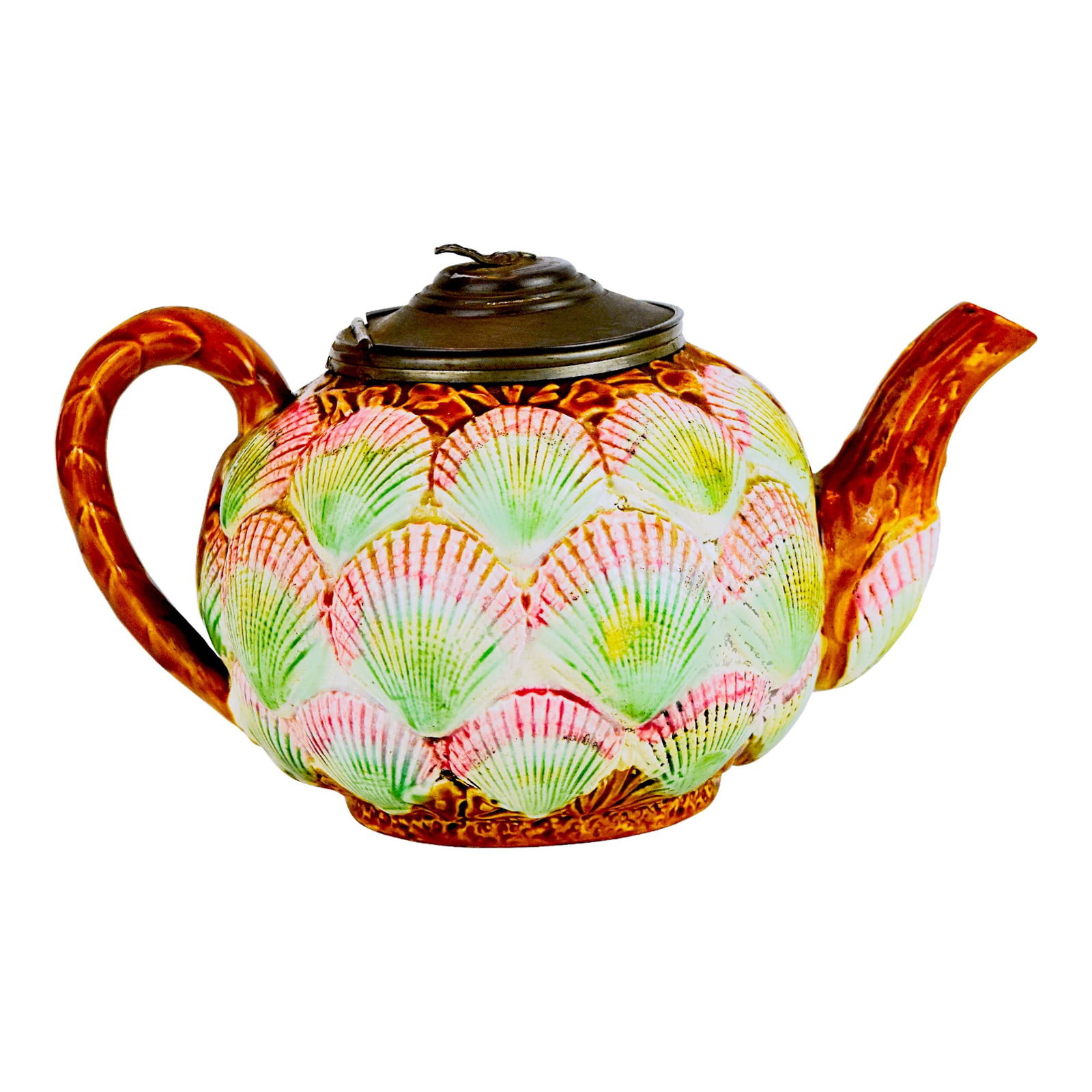 James Wardle & Co. Majolica Shells: Teapot c.1880, the round belly body decorated with seashells with a bark spout and handle and a pewter cover. 5 1/2" h Provenance: Nick Boston Antiques