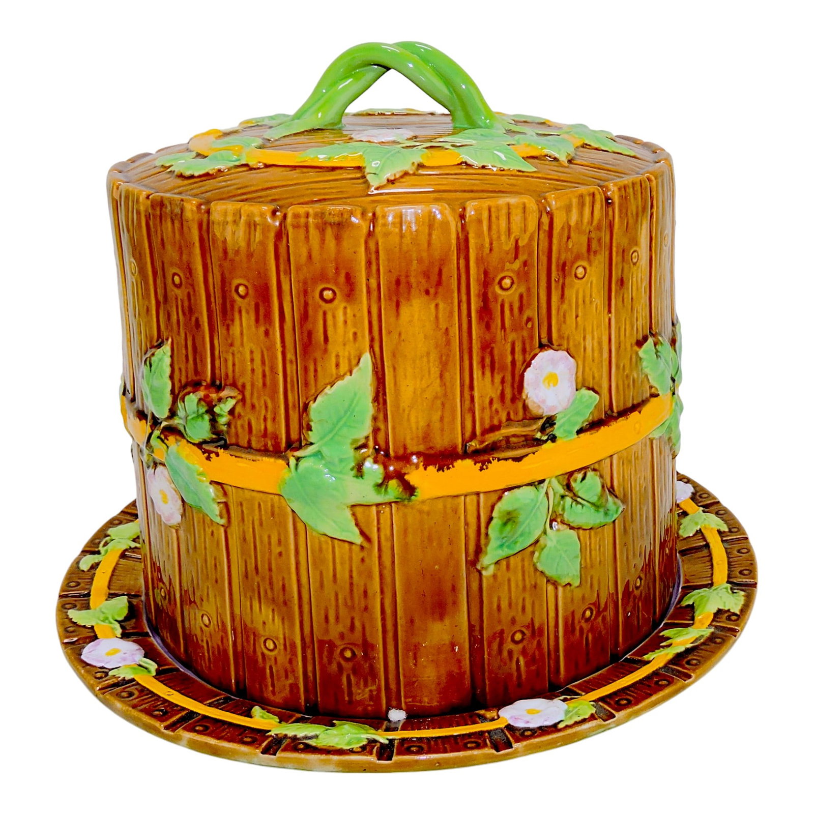 George Jones majolica picket fence: and apple blossom cheese keeper, 10"h, 11 1/2"w, professional handle repair