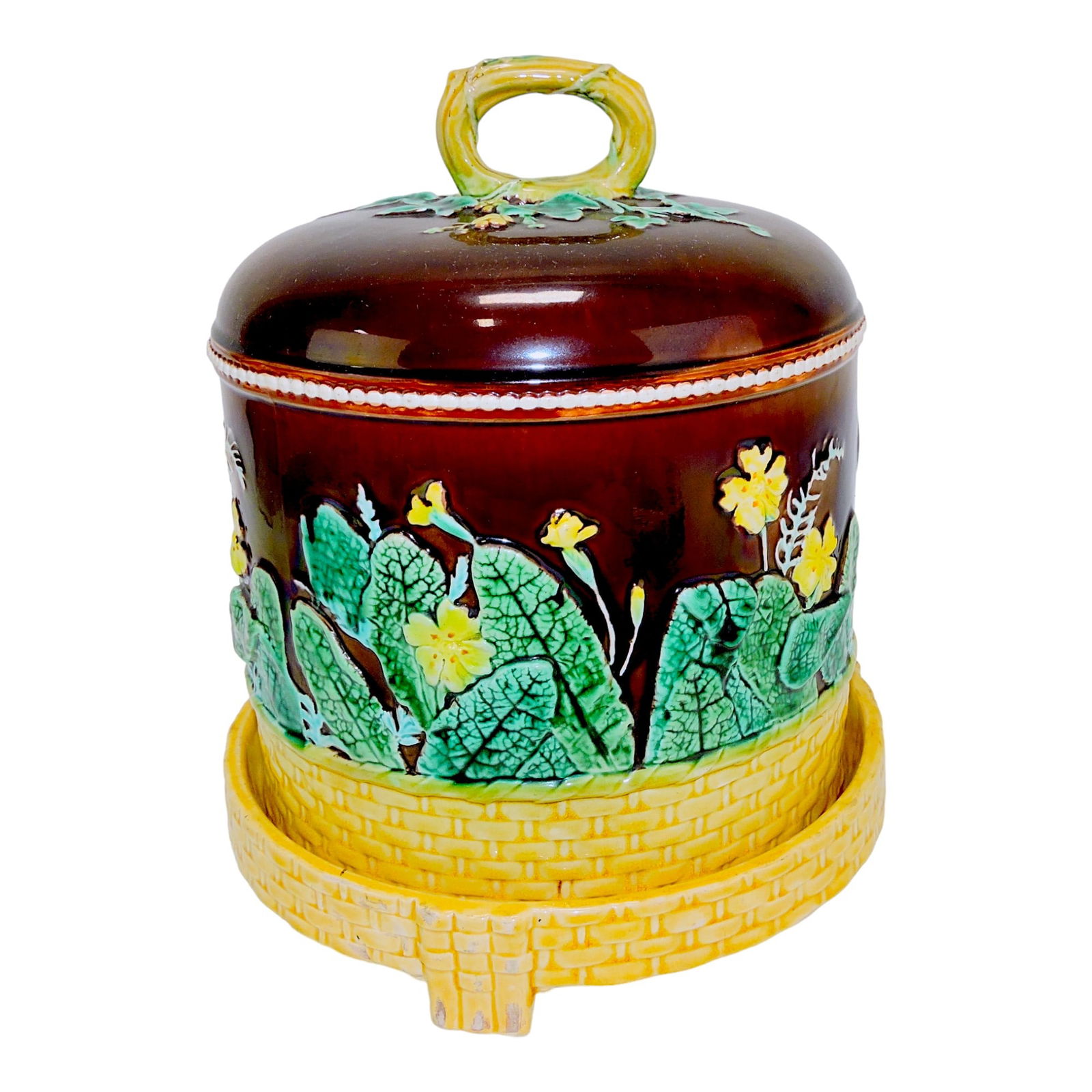 Wedgwood majolica primrose and: wicker cheese keeper, hairline to tray, 10"h