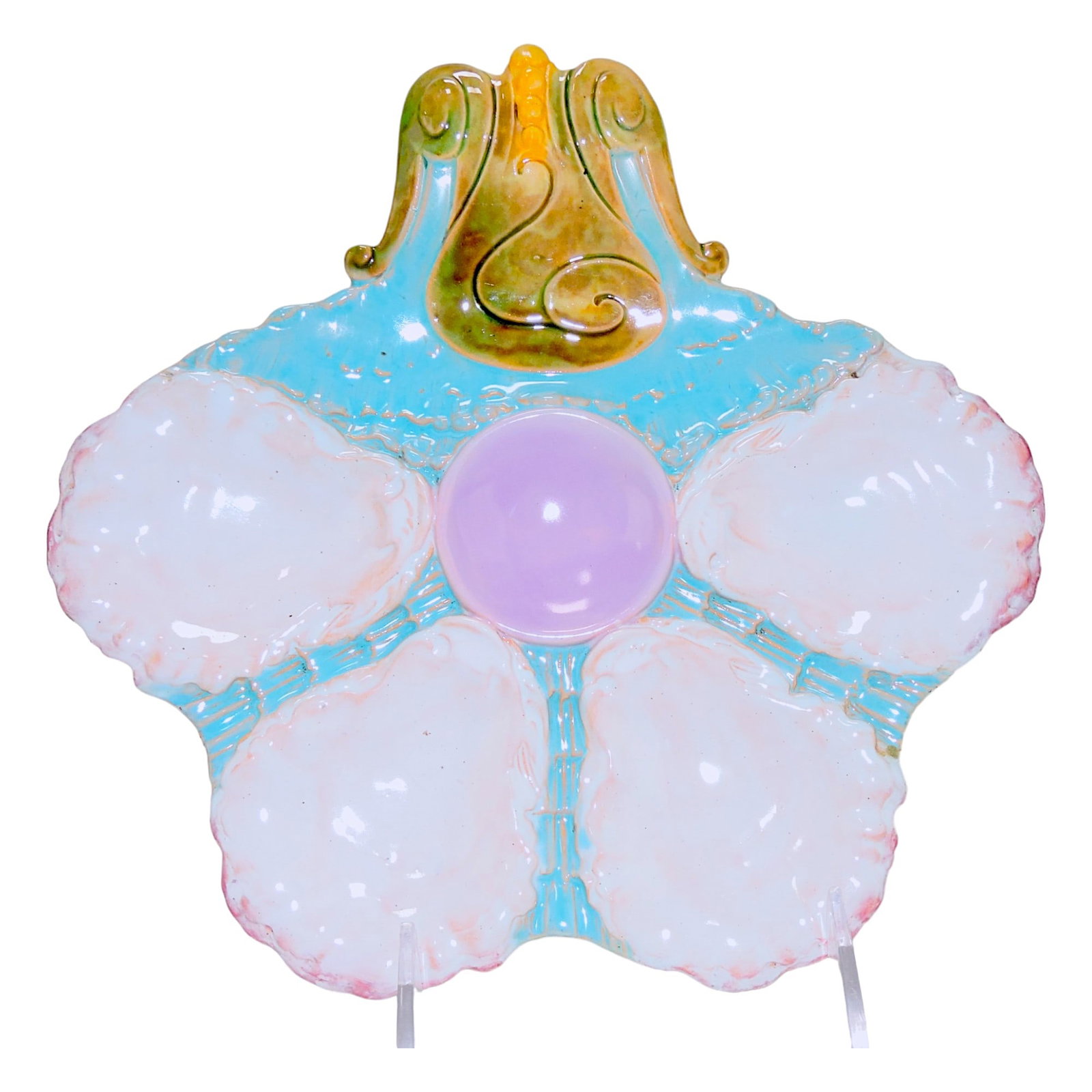 George Jones majolica J. W. Boteler: four well oyster plate, 9"