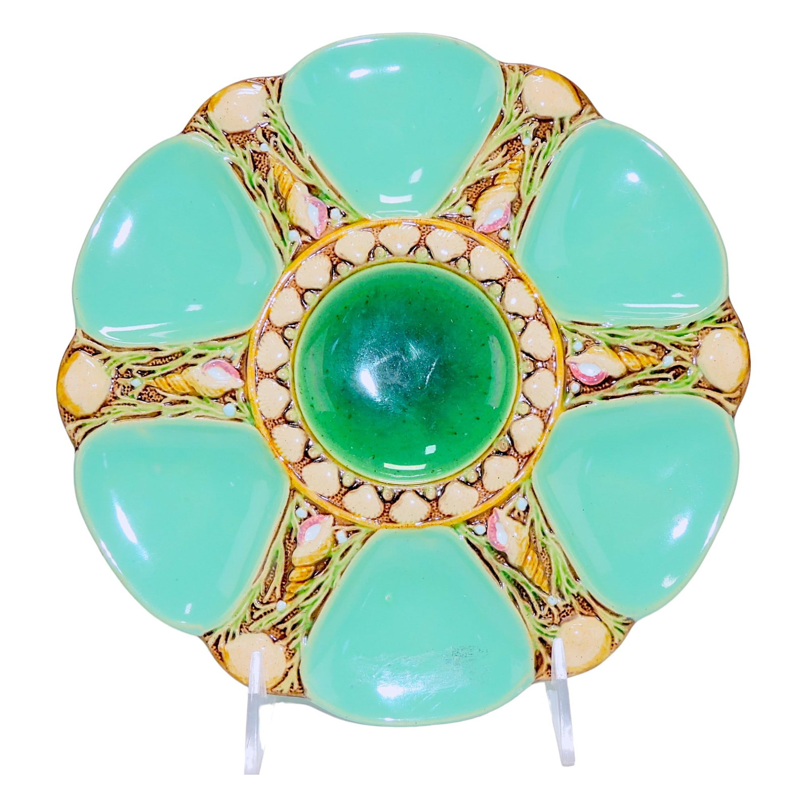 Minton majolica six well seafoam green: oyster plate, 9", shape no. 1323
