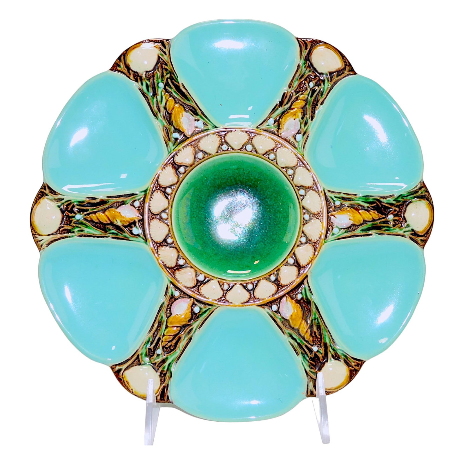Minton majolica six well turquoise: oyster plate, 9", shape no. 1323