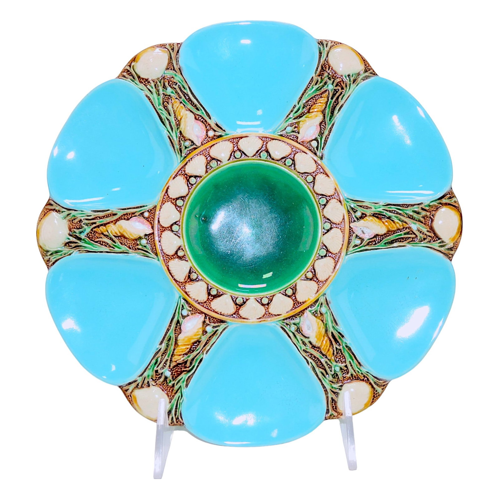 Minton majolica six well turquoise: oyster plate, 9", shape no. 1323