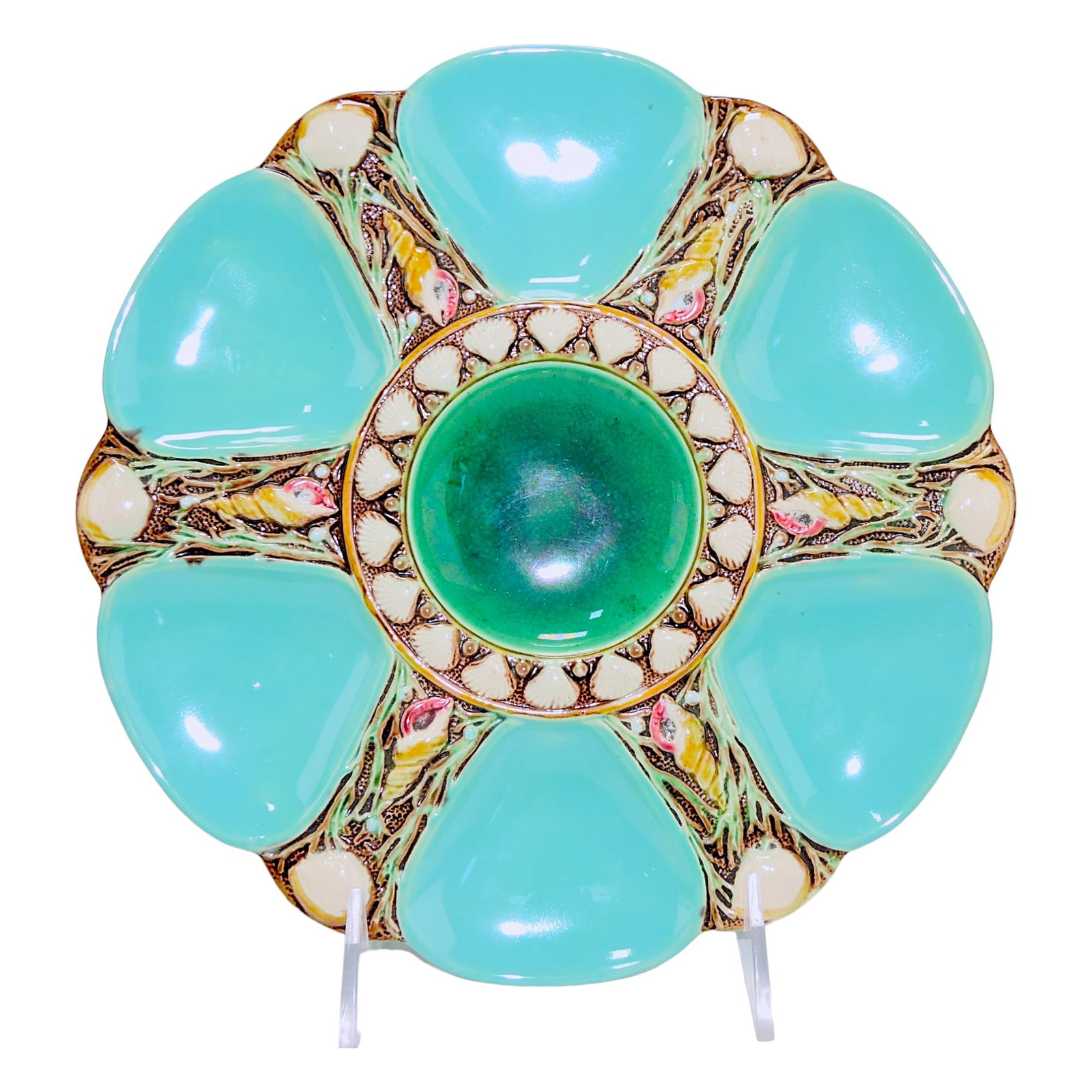 Minton majolica six well turquoise: oyster plate, 9", shape no. 1323