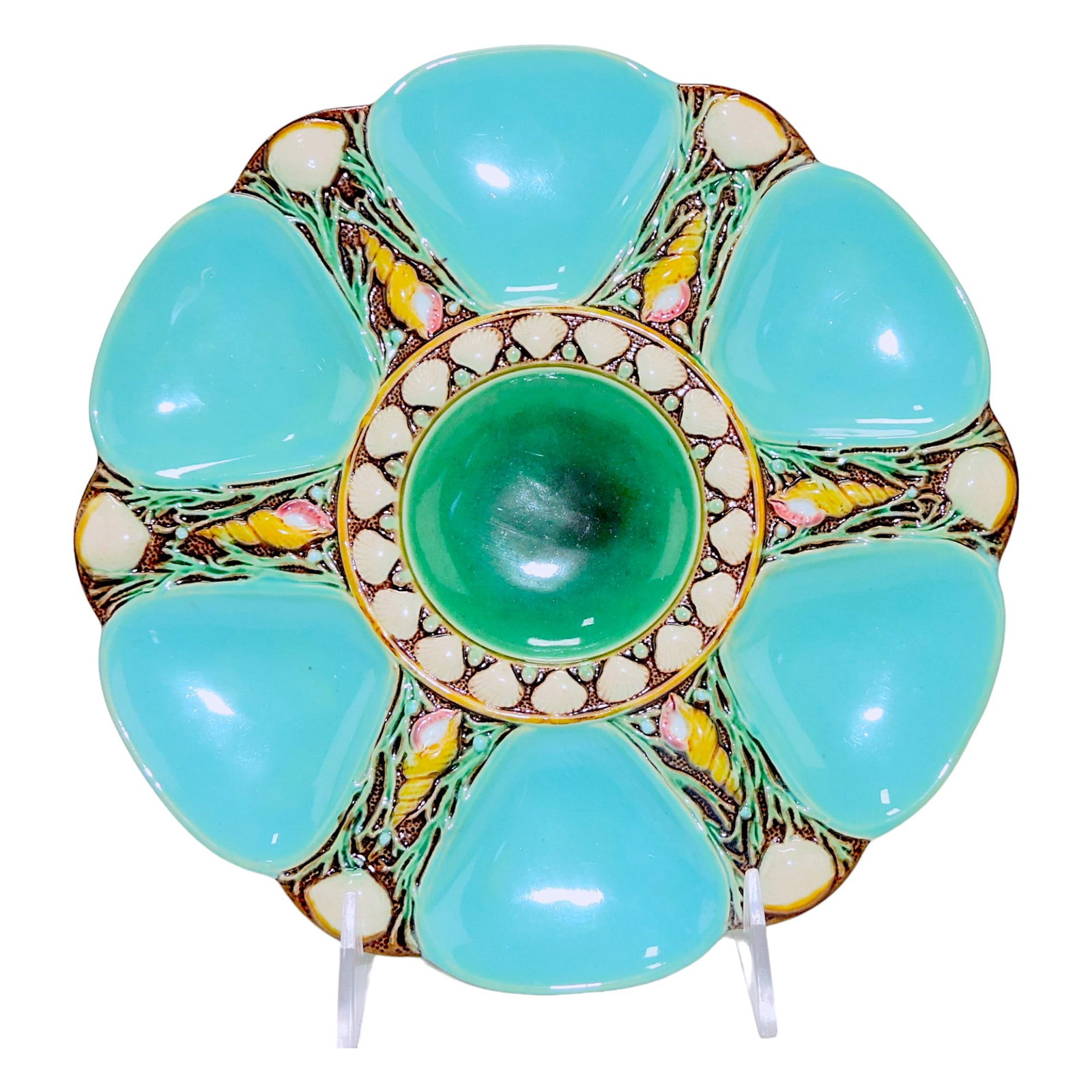 Minton majolica six well turquoise: oyster plate, 9", shape no. 1323