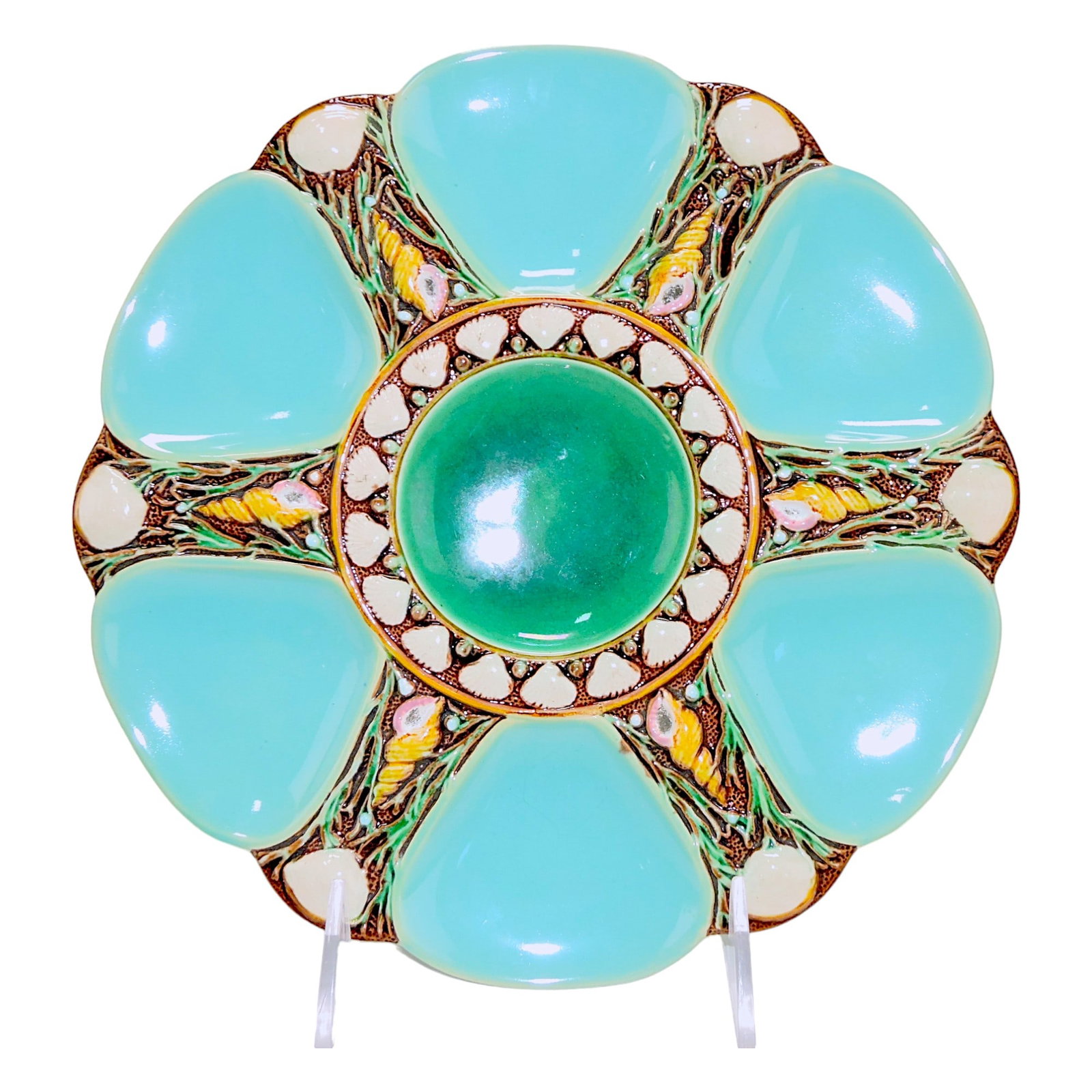 Minton majolica six well turquoise: oyster plate, 9", shape no. 1323