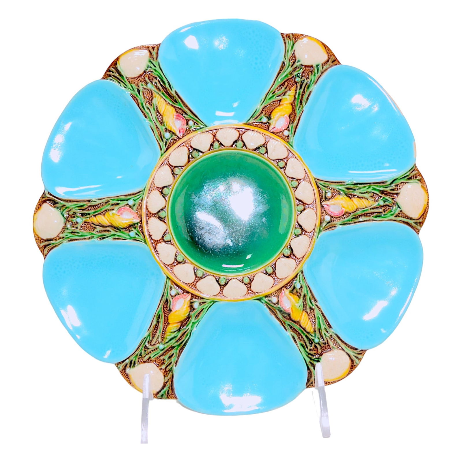 Minton majolica six well turquoise: oyster plate, 9", shape no. 1323