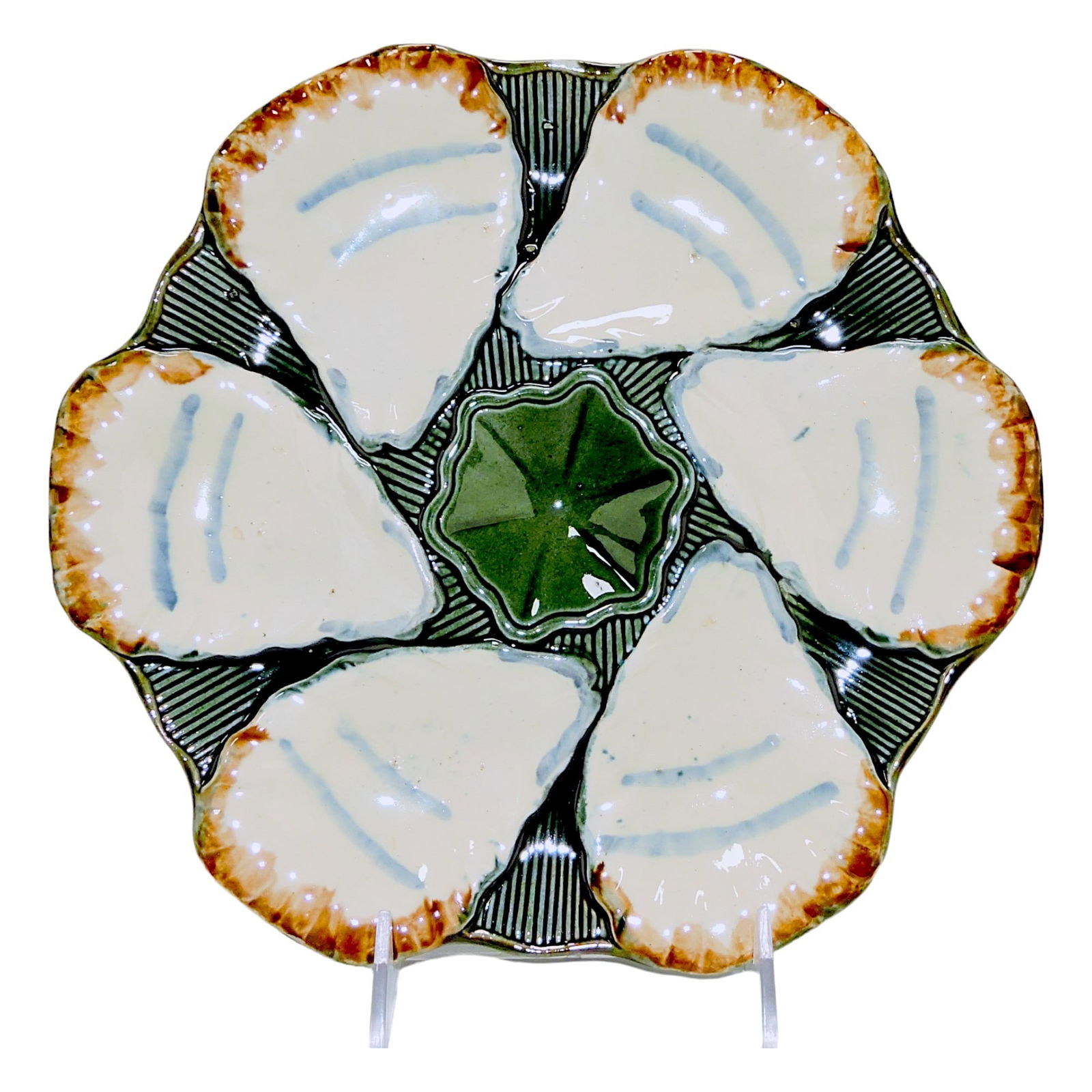 Longchamp majolica six well oyster: plate, 10"