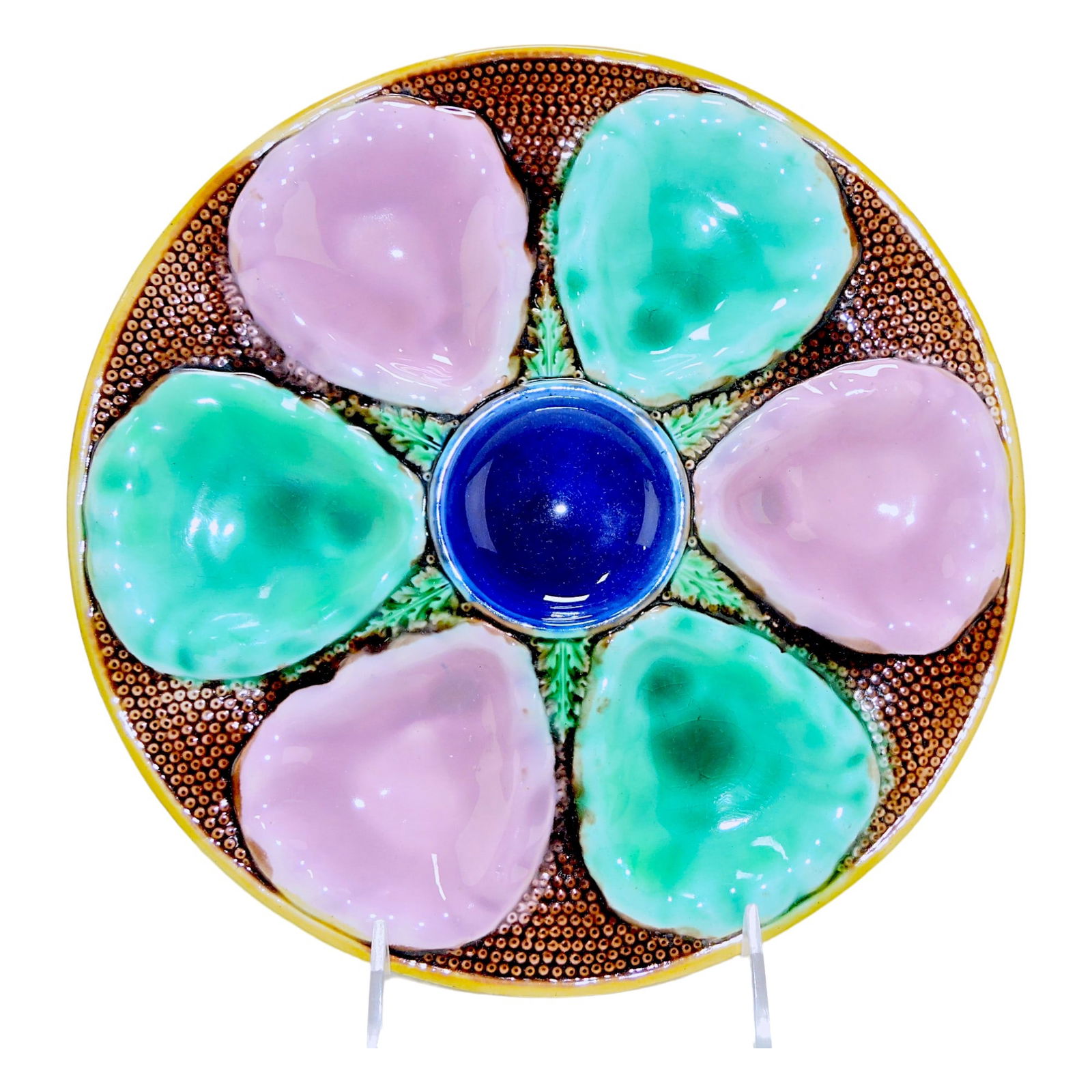 Adams & Bromley majolica six well: oyster plate, 10"