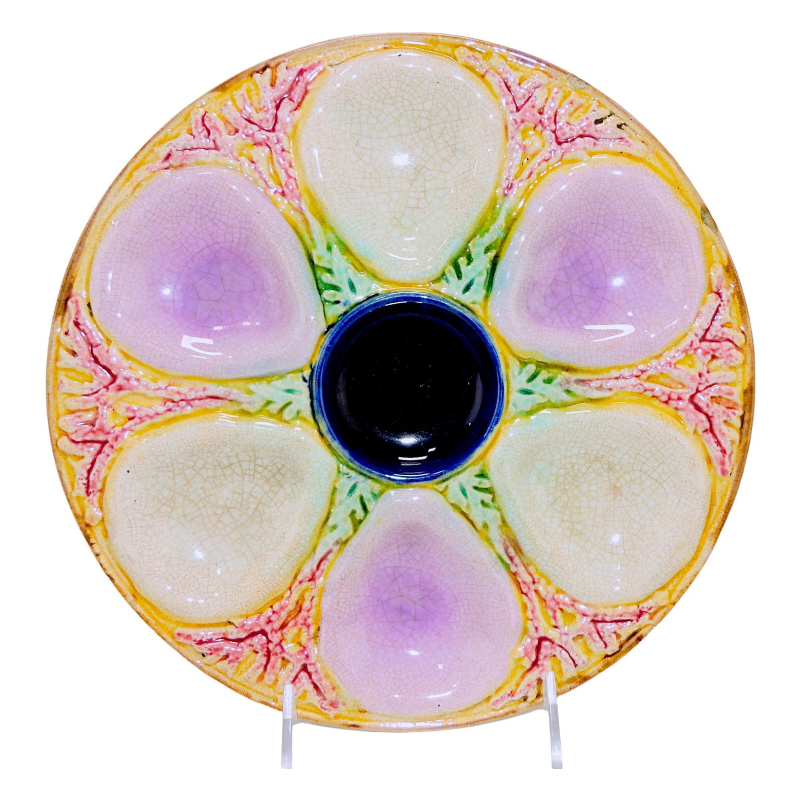 Majolica shell and seaweed six well: oyster plate, 10", rim chip, crazing