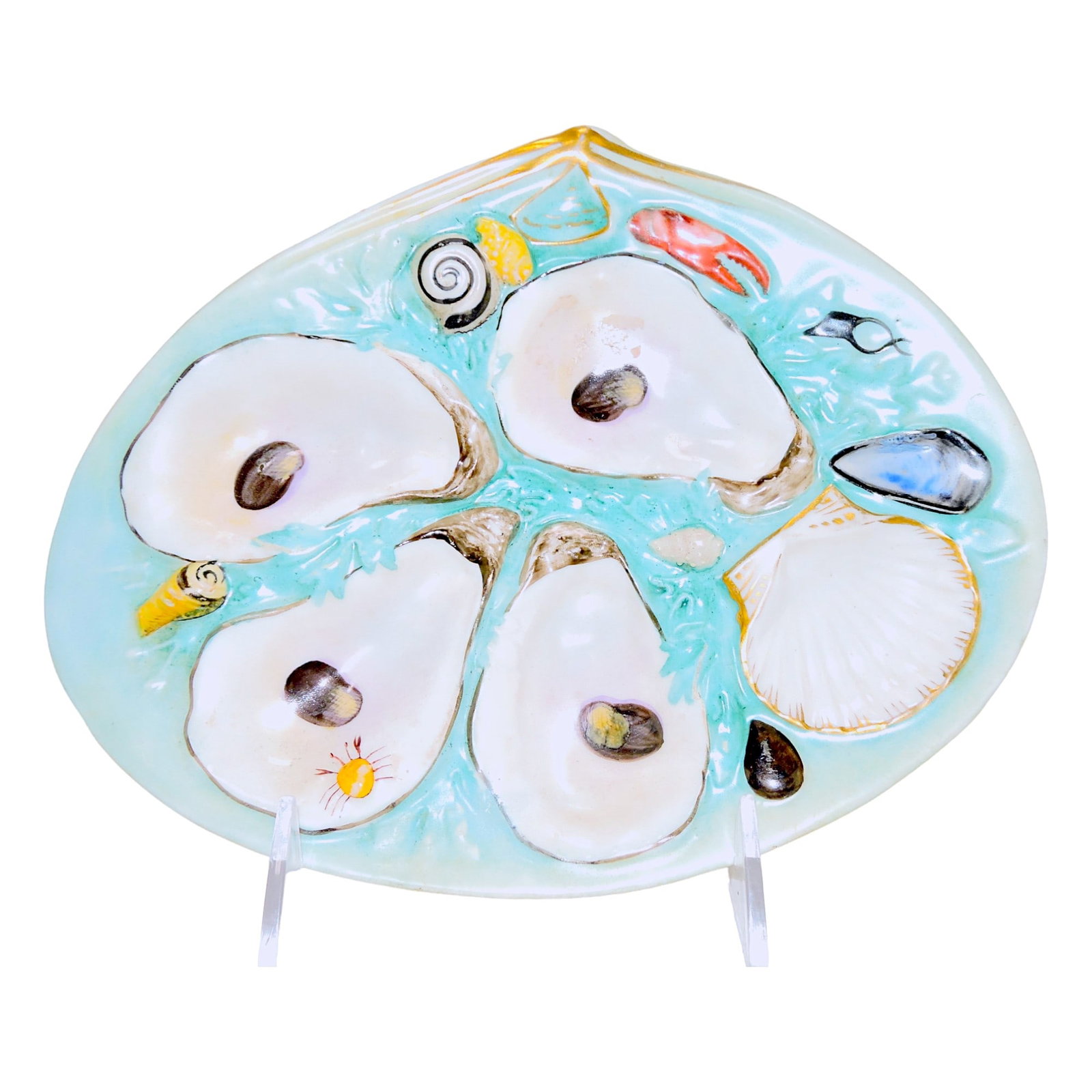 Union Porcelain Works (UPW) porcelain: shell shaped four well oyster plate, 8 1/2"