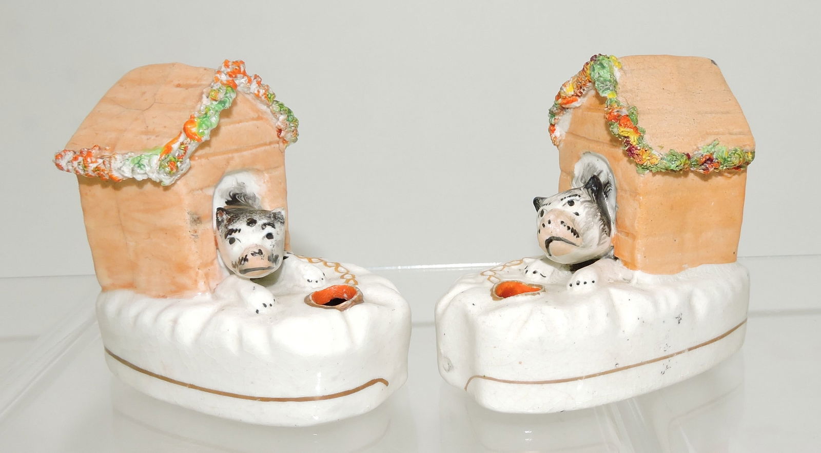 Staffordshire pair of miniature kennel: with dog quill holders, 3"