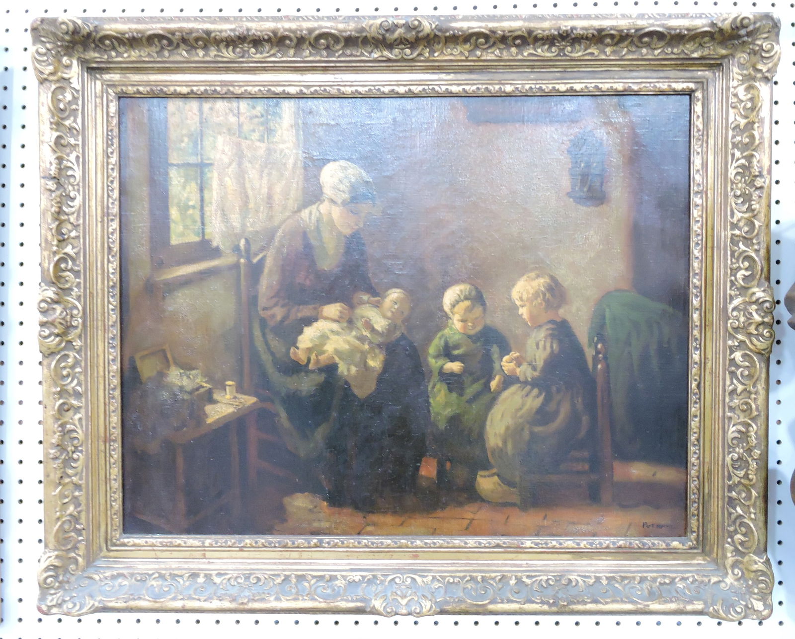 Bernard Pothast (Dutch 1882-1966): oil on canvas of mother with children, image 21"x28", frame 29"x35"