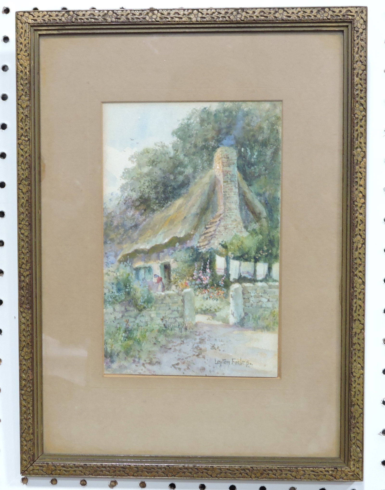 Watercolor by Leyton Forbes (1900-1925): scene of a thatched cottage, image 9"x6", frame 15"x11"