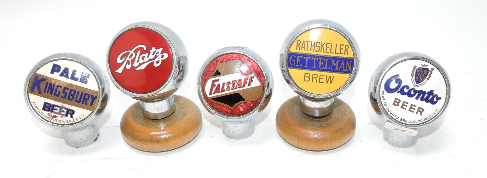 Lot of 5 brewery tap knobs with enamel: names