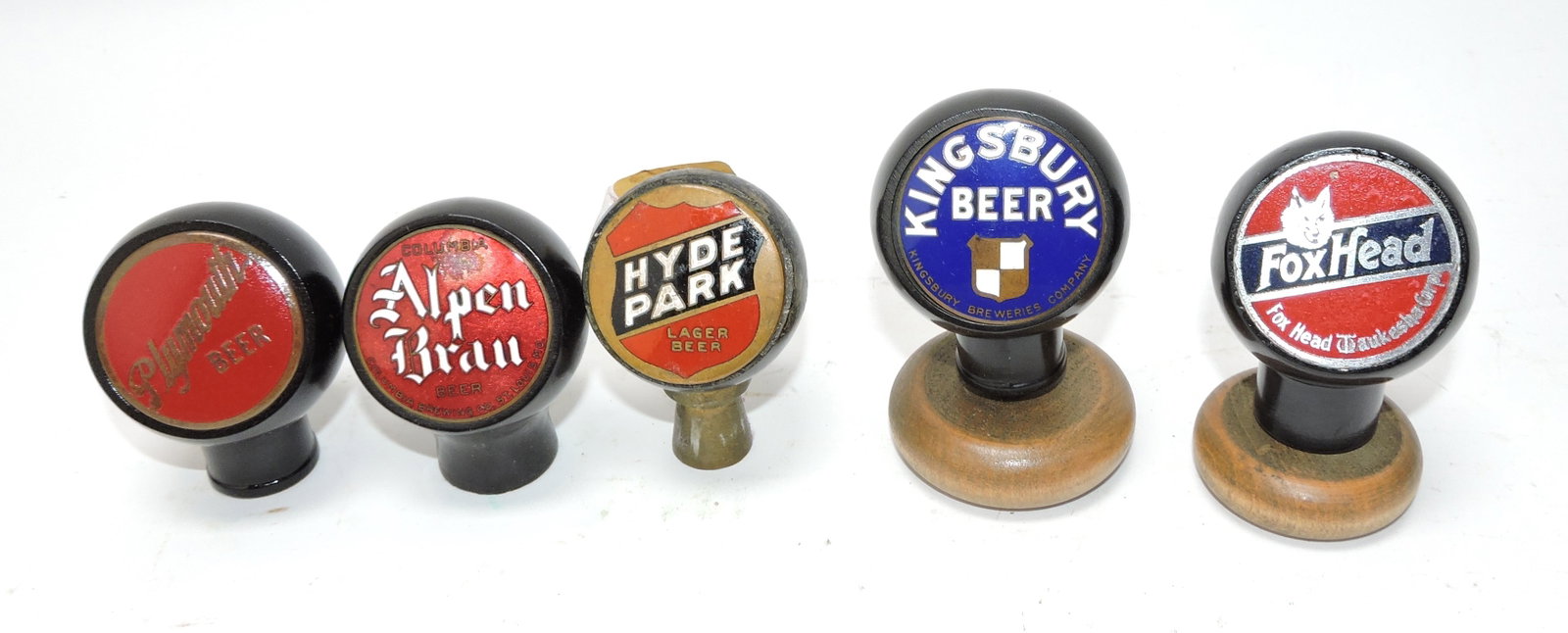 Lot of 5 brewery tap knobs with enamel: names