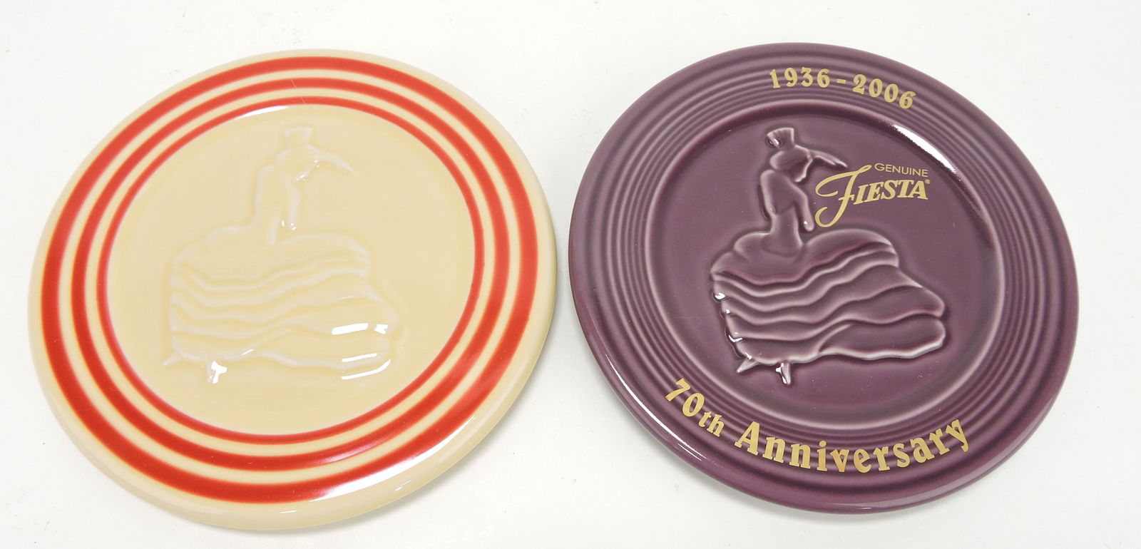 Fiesta Post 86 lot of 2 tea trivets,: red stripe and heather 70th Anniversary