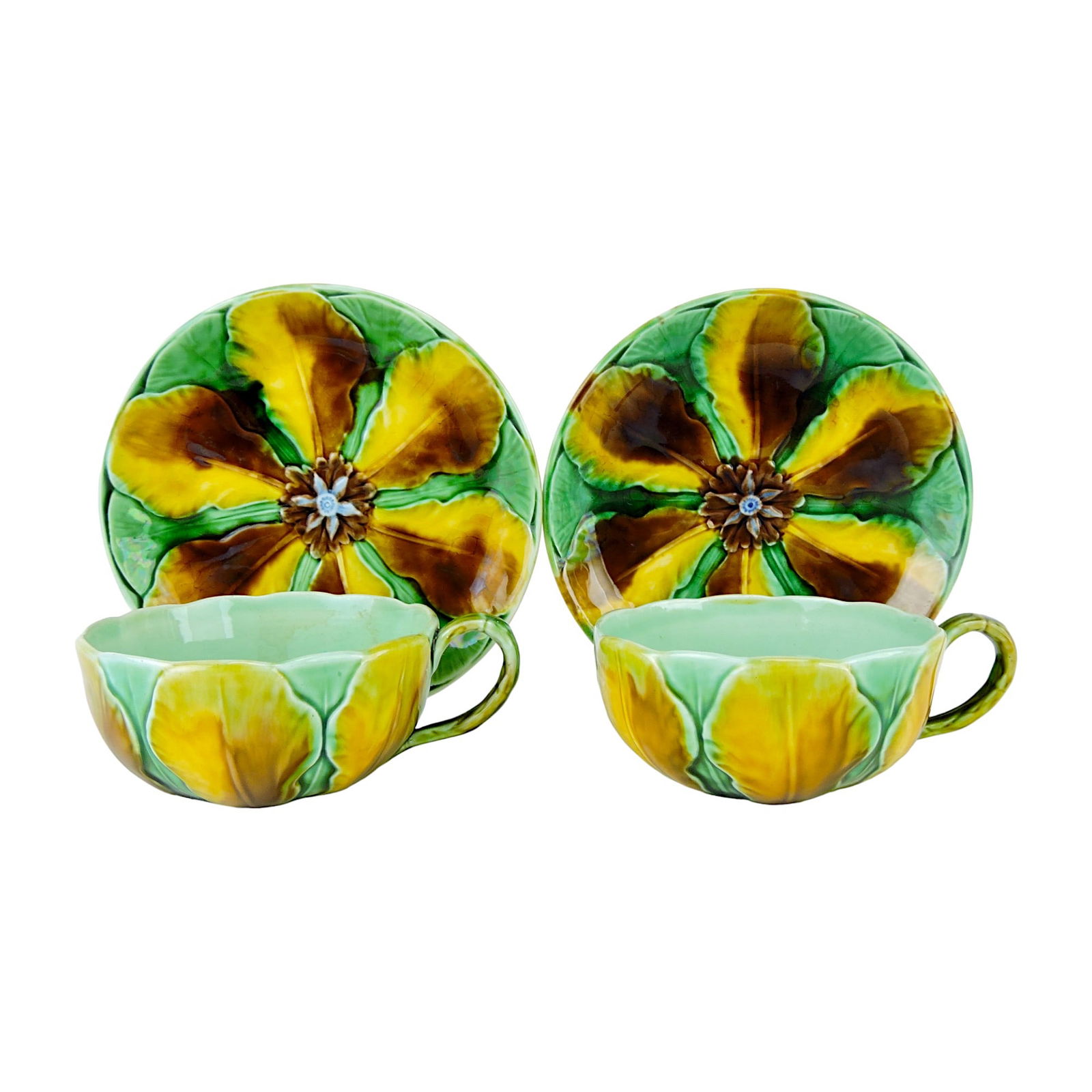 Wedgwood Majolica Tobacco Leaf: Tea Cups and Saucers c.1875, decorated with large tobacco leaves Catalogued and curated by Nicolaus Boston. Flower Family Collection