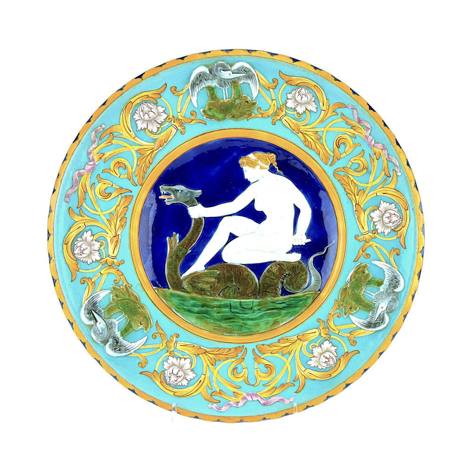 Wedgwood Majolica Renaissance: Revival Charger c.1870, the central panel depicting a maiden fighting a sea serpent, all within a wide border of scrolling leaves, blossoms and heron, 15" Catalogued and curated by Nicolaus Boston. Fl