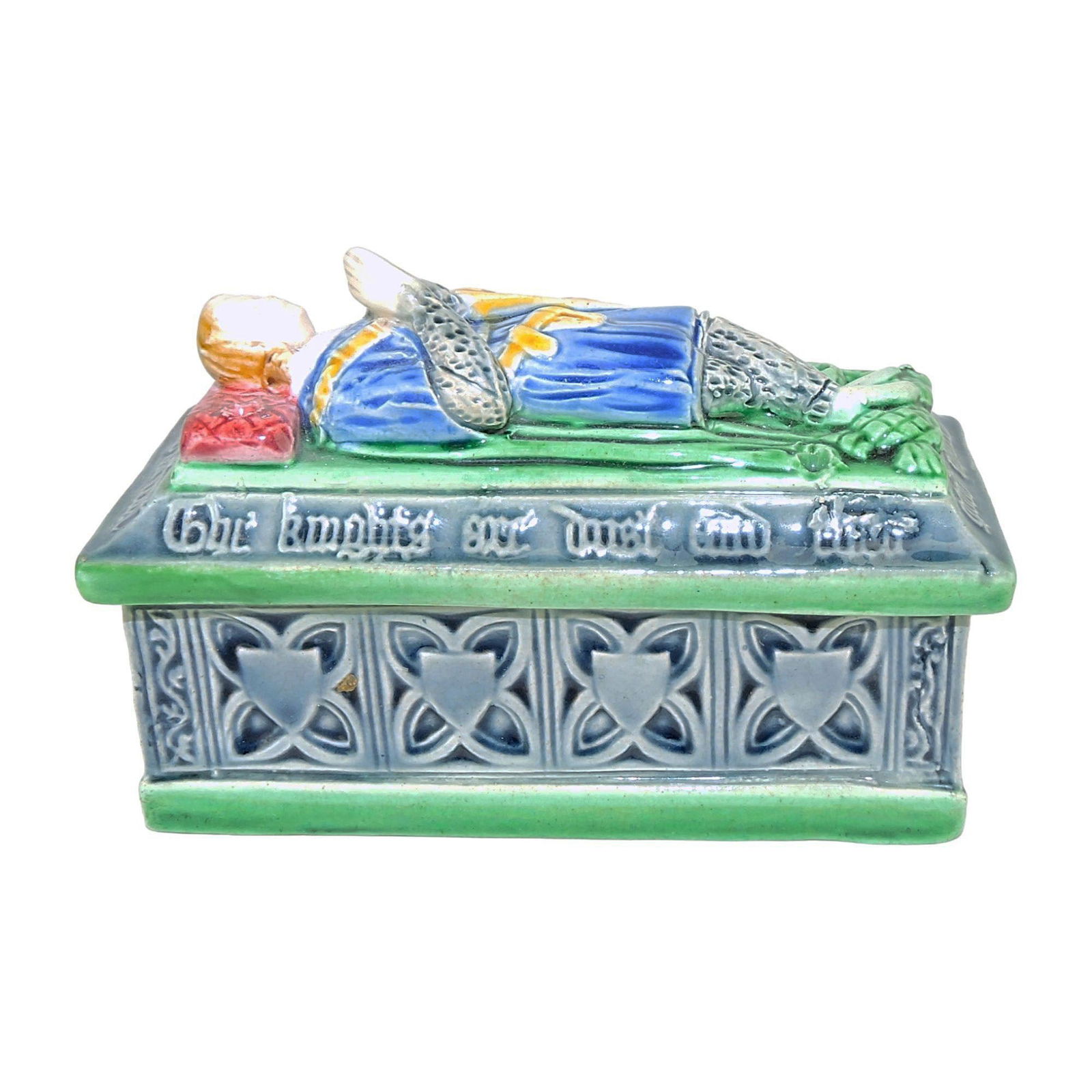 Minton Majolica Crusader Match Box: and Cover c.1860 designed by John Bell. This shape was also produced in parian and iron. A example of the Crusaders Tomb Matchbox appears in The Catalogue of English Art-Manufacture by Cundall & Addey