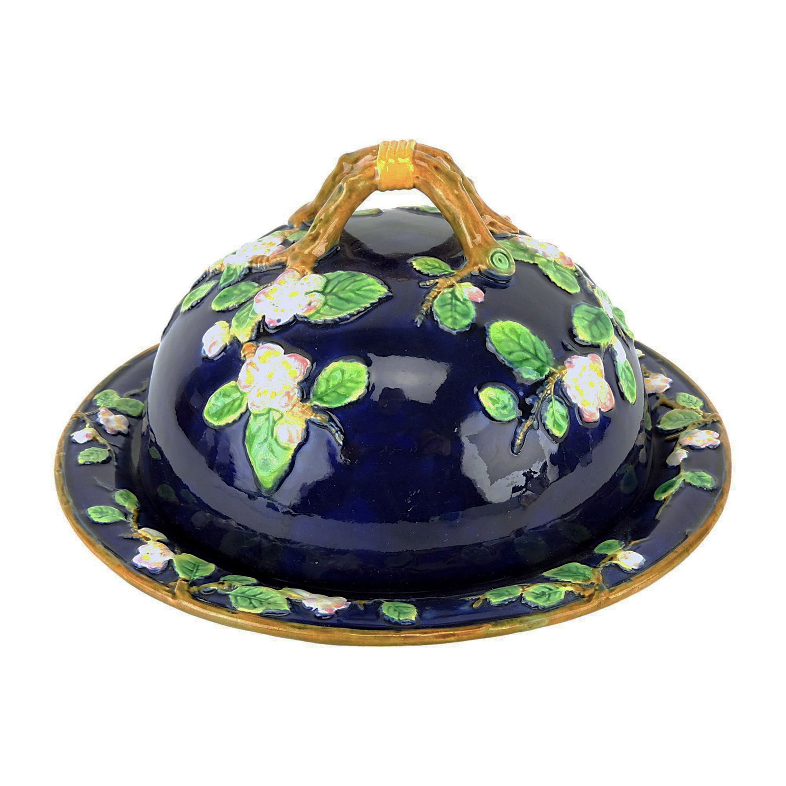 George Jones Majolica Apple: Blossom Muffin Dish c,1875, the domed lid and underplate decorated with apple blossom and a bound branch forming the handle, 5"h, 10"d Catalogued and curated by Nicolaus Boston. Flower Family Collecti