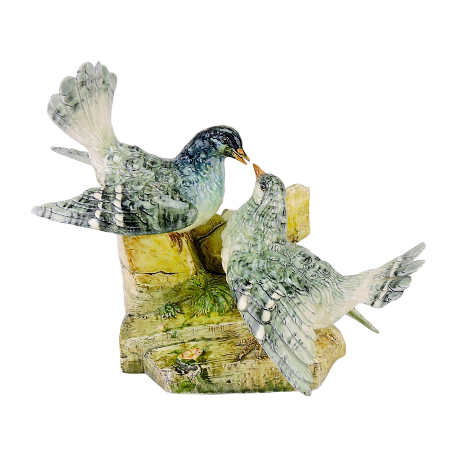 Rare Delphin Massier Majolica: Kissing Doves Vase c.1875, modelled as two beak to beak doves afront a vase formed of rock, all upon a stone ground; 14"h, 17"w, hairline to base. Catalogued and curated by Nicolaus Boston. Flower Fam