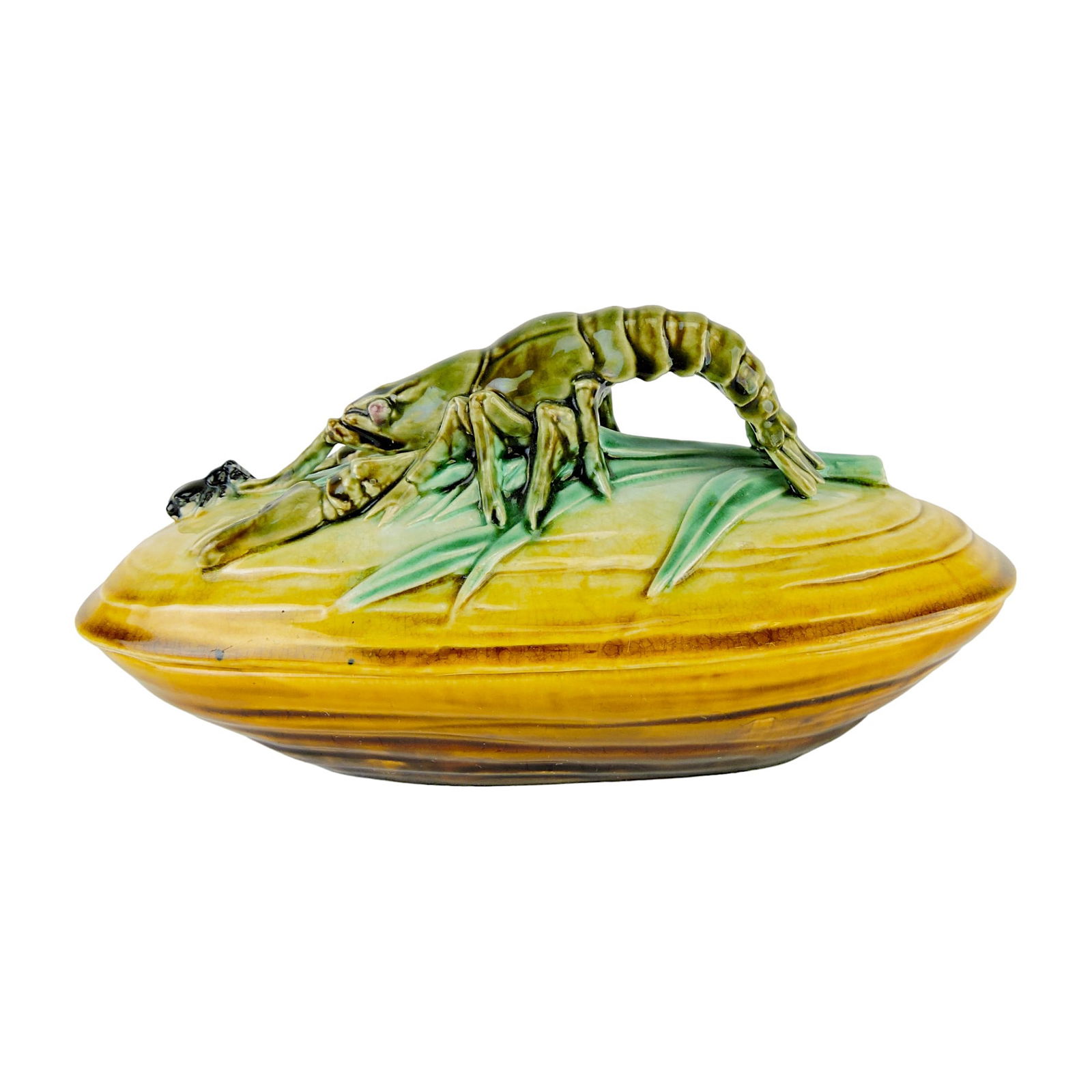 Hippolyte Hautin Boulanger & Cie,: Choisy Le Roi, Majolica Box and Cover c.1880, modelled in the form of a mussel shell with a langoustine handle; 9 1/2"w, 5"h Catalogued and curated by Nicolaus Boston. Flower Family Collection