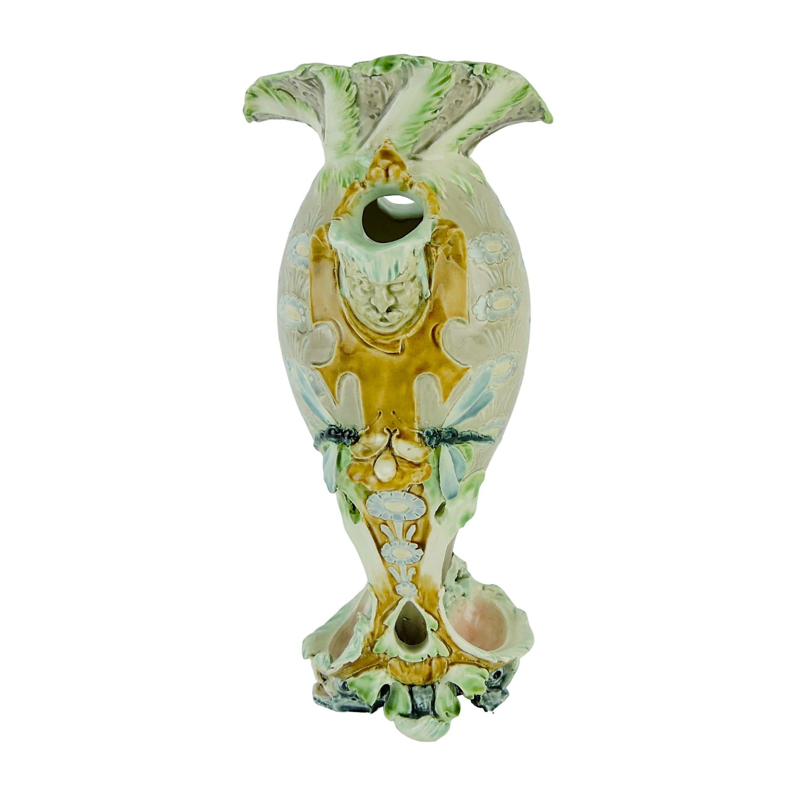 Rare Hippolyte Hautin Boulanger & Cie,: Choisy Le Roi, Majolica Art Nouveau Vase c. 1880, probably designed by Saunier Graindorge, the upright, organic, ovoid body decorated with stylised blossoms and dragonflies with a mask below an openin