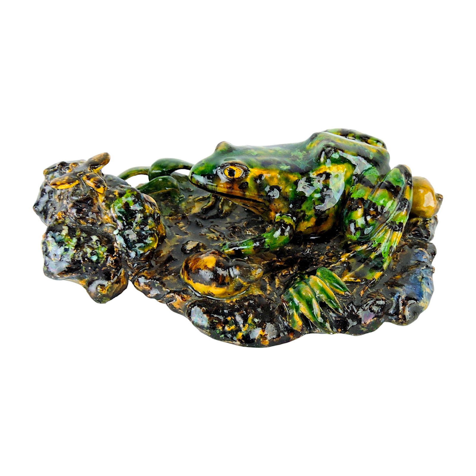 Rare Charles Avisseau Majolica,: Palissy Paper Weight c.1865, modelled as a large frog sat on rock peering at a fly. 1 1/2"h, 6"w Catalogued and curated by Nicolaus Boston. Flower Family Collection