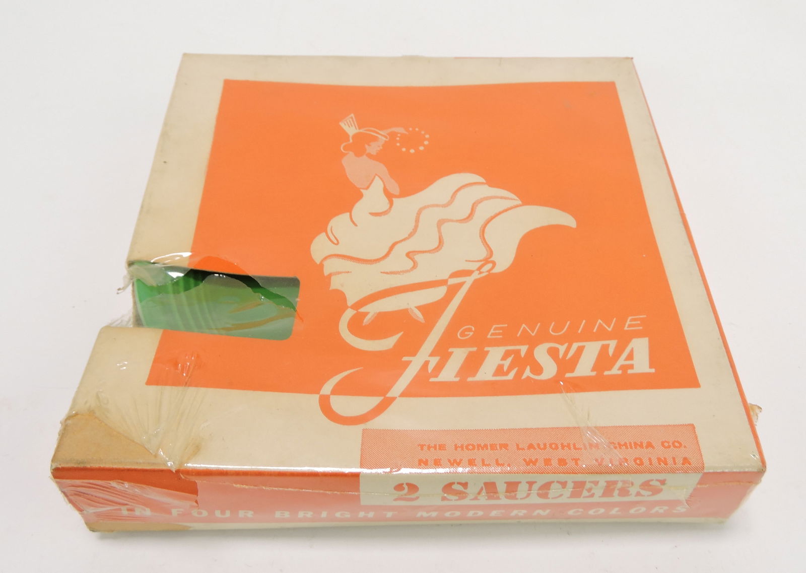 Fiesta pair of medium green saucers: in original package, one broken