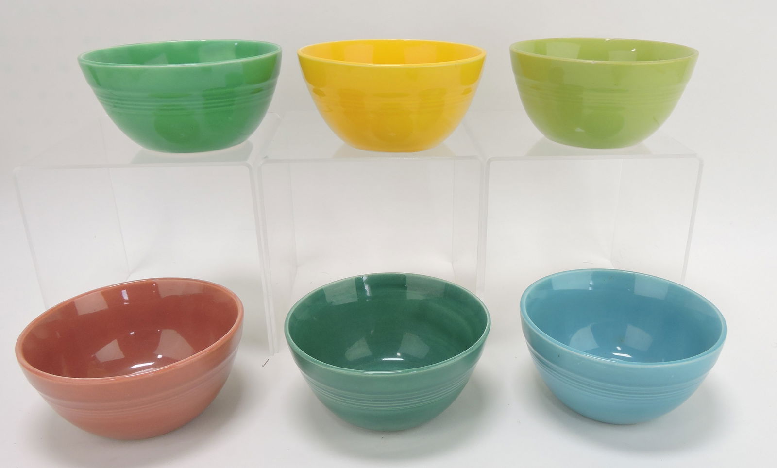 Harlequin 36s bowl group, 6 different: colors, some wear