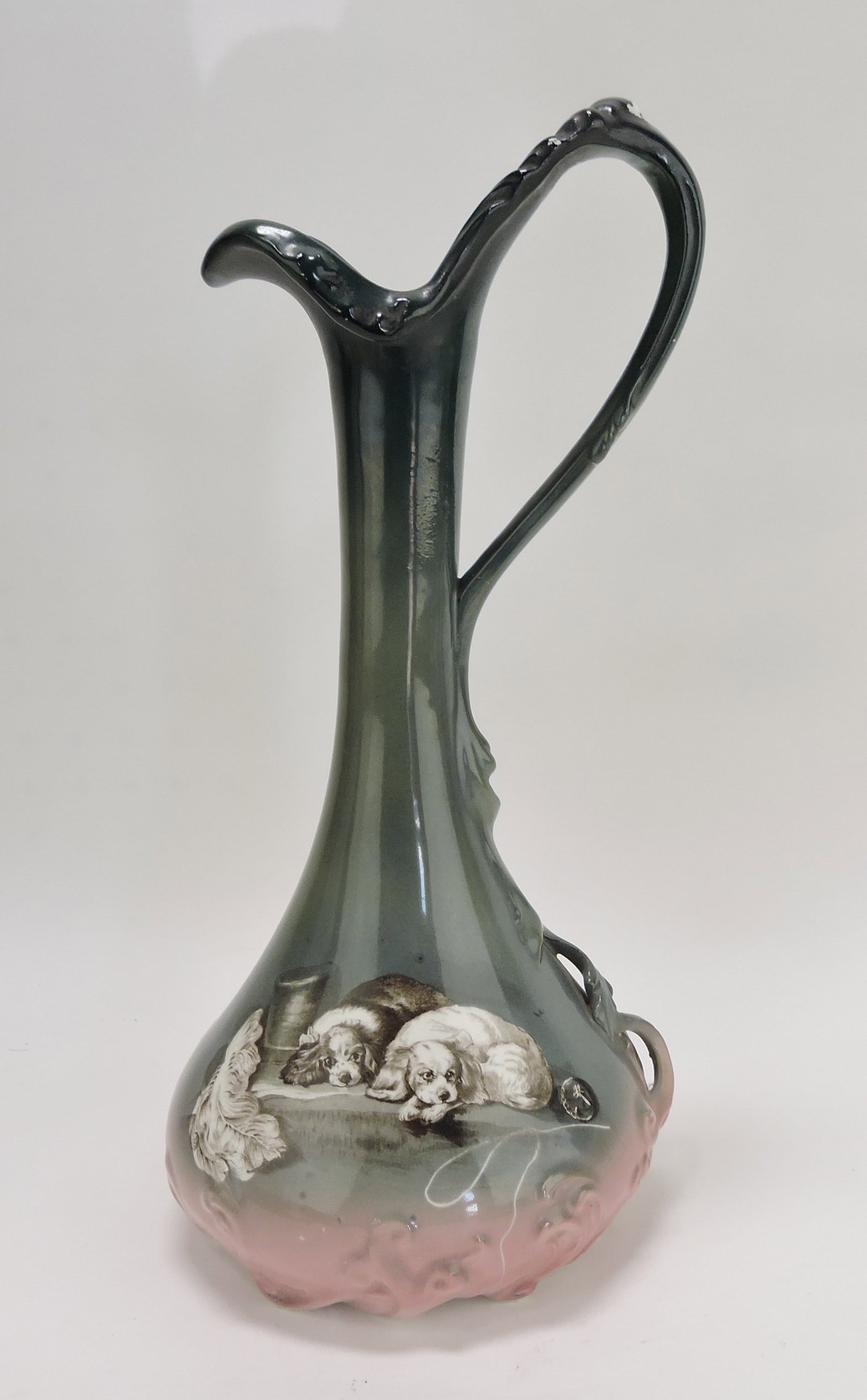 Laughlin Art China White Pets ewer,: 15", with two dogs, hairline to handle