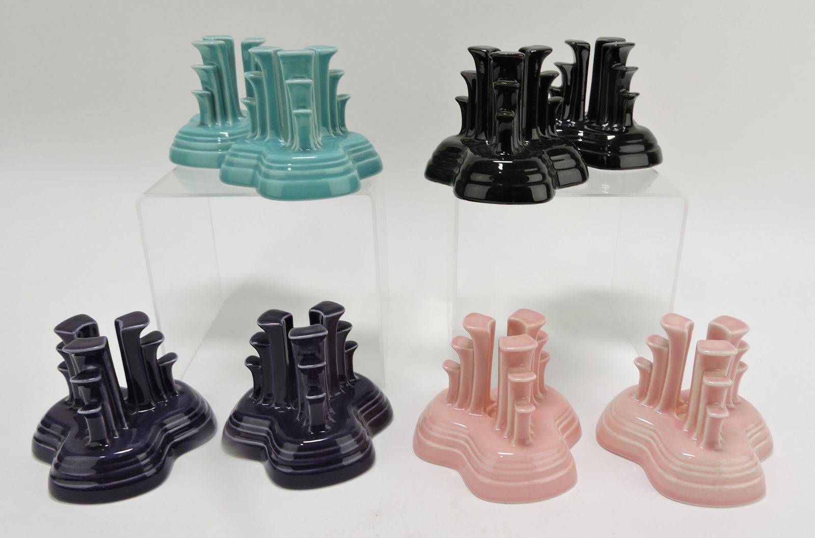 Fiesta Post 86 pyramid candle group,: 4 pair: turquoise, black, plum, rose