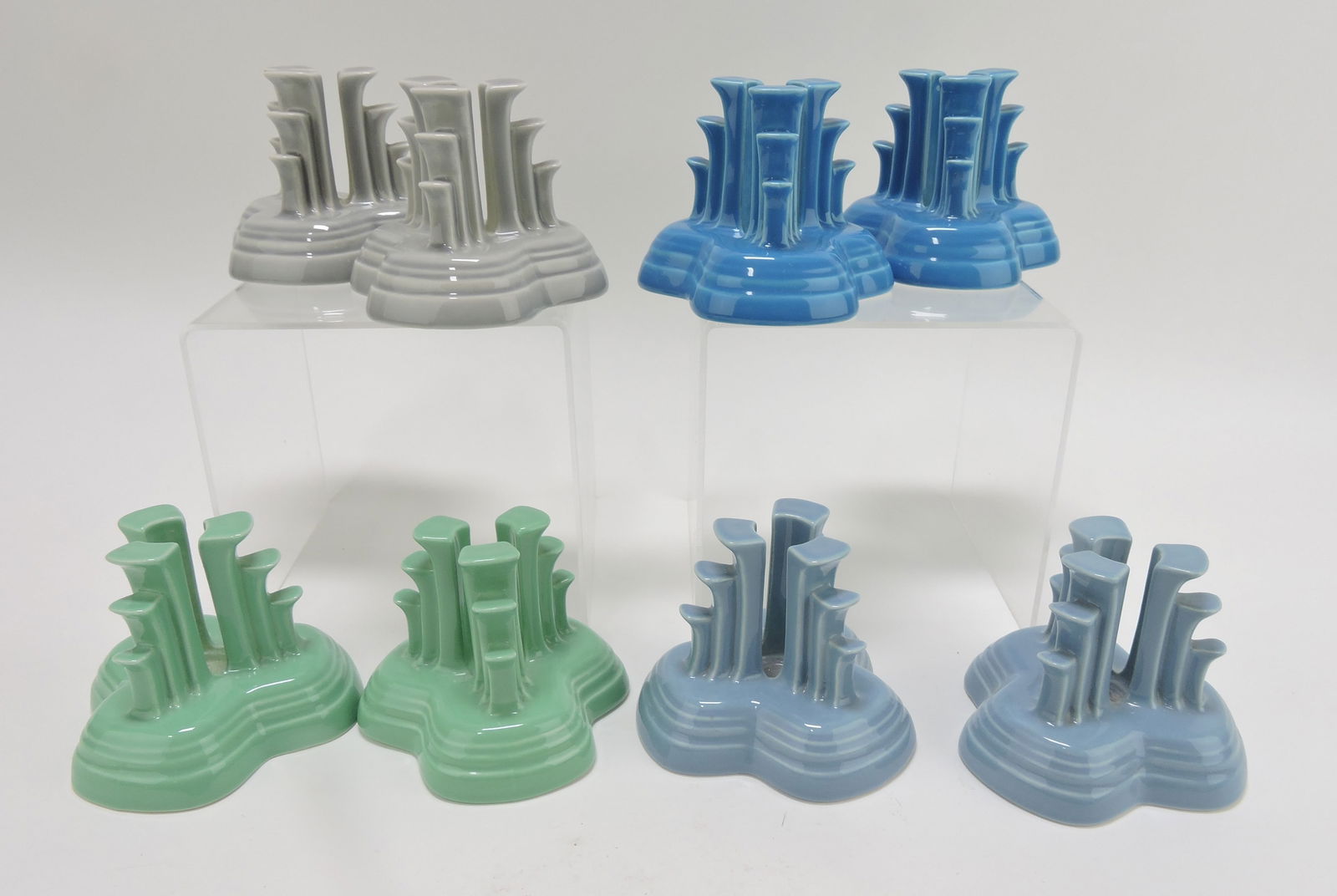 Fiesta Post 86 pyramid candle group,: 4 pair: gray, peacock, seamist, periwinkle