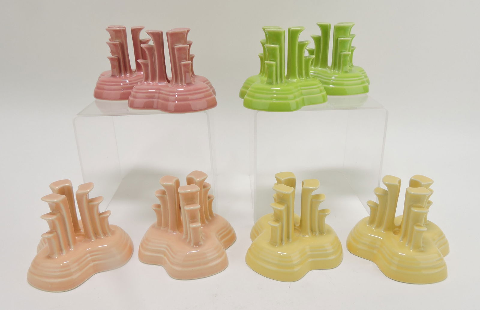 Fiesta Post 86 pyramid candle group,: 4 pair: rose, chartreuse, apricot, yellow