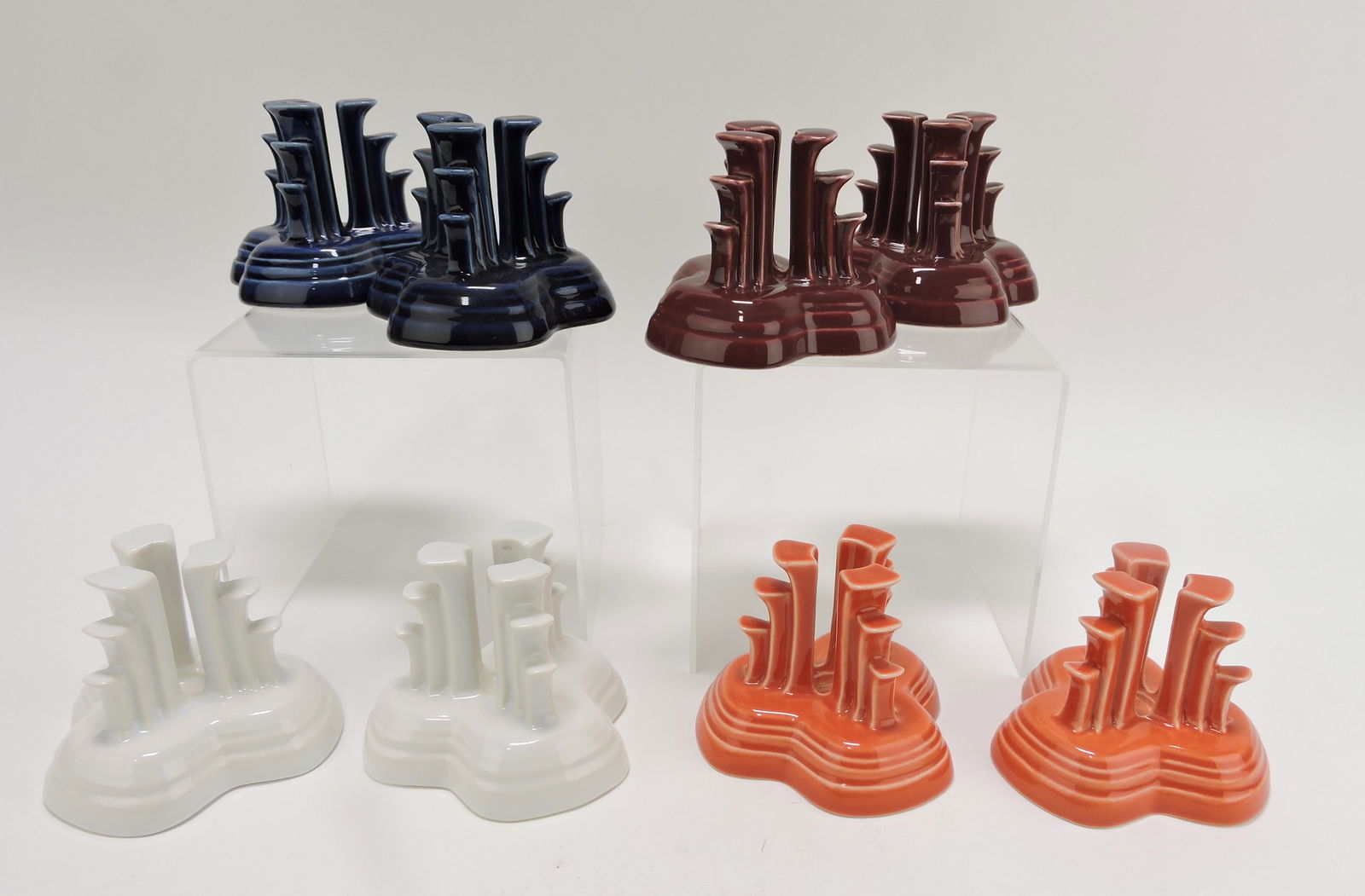 Fiesta Post 86 pyramid candle group,: 4 pair: rose, cobalt, cinnabar, white, persimmon