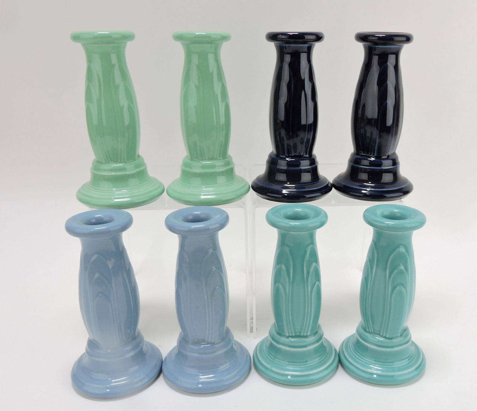 Fiesta Post 86 lot of 4 pair tapered: candle holders: seamist, cobalt, periwinkle, turquoise