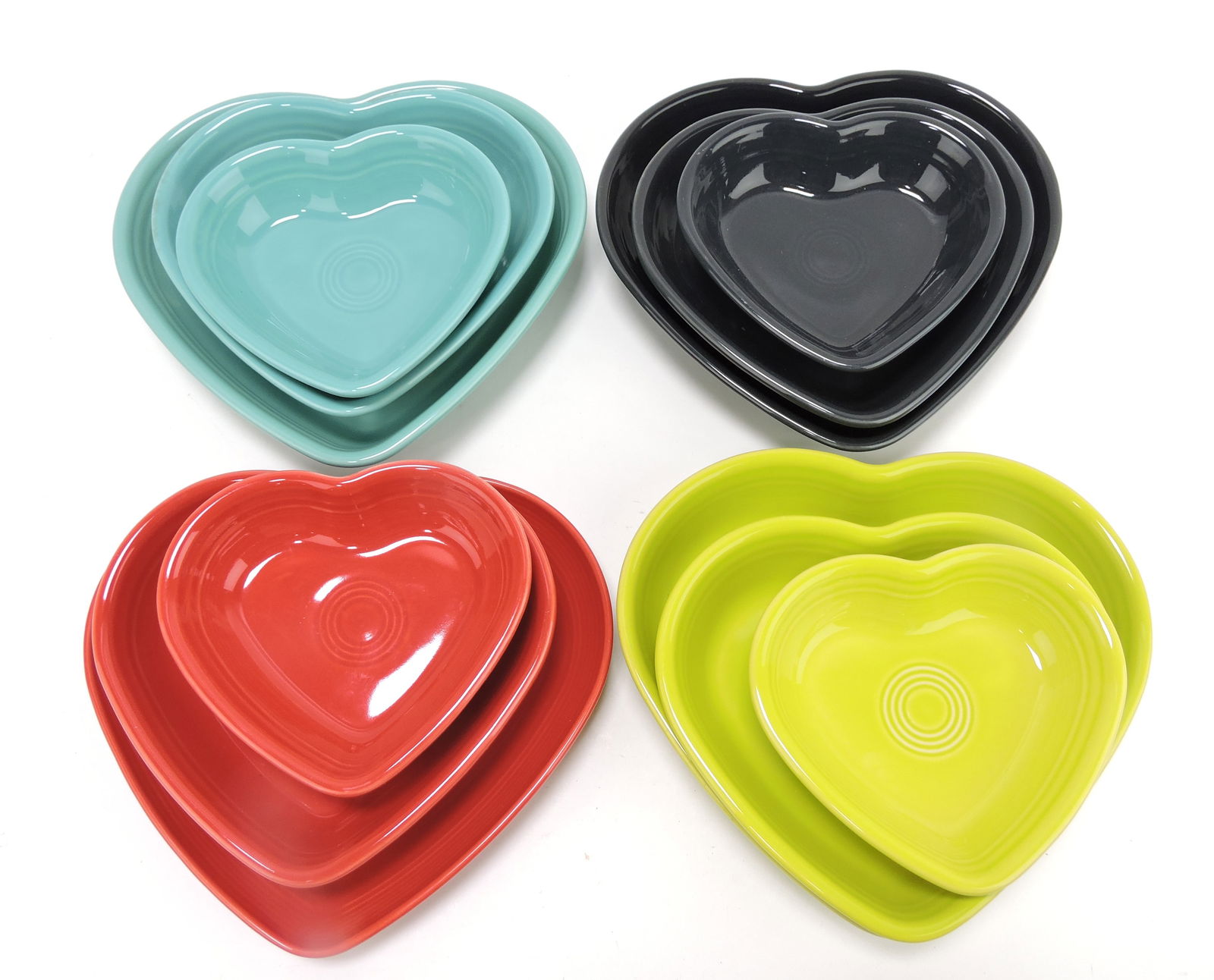 Fiesta Post 86 lot of 4 - 3 pc heart dish: sets - turquoise, slate, scarlet, lemongrass