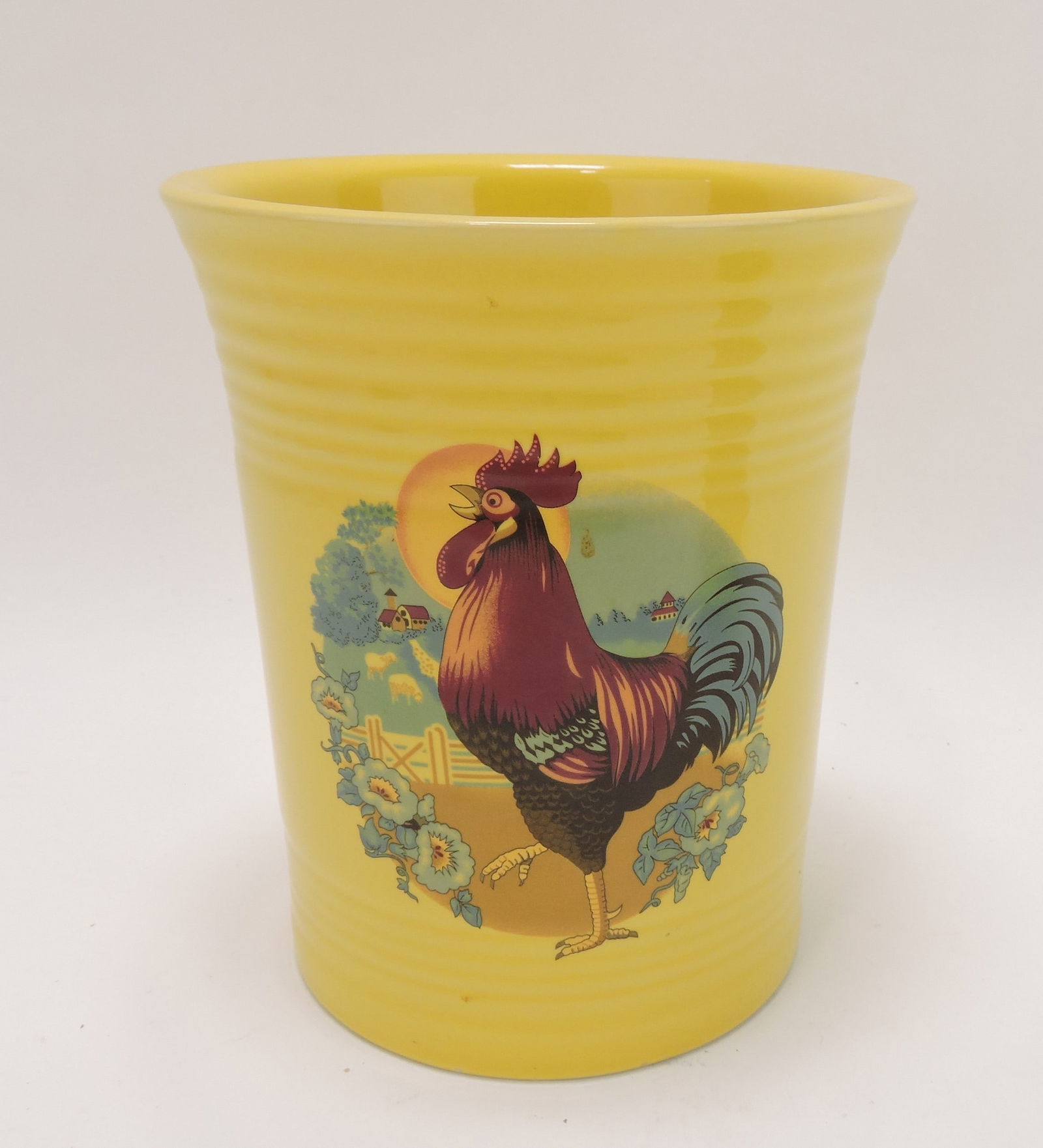 Fiesta Post 86 sunflower utensil crock: with rooster decal