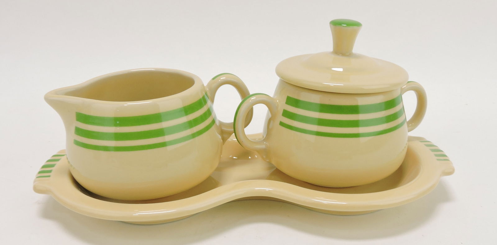 Fiesta Post 86 cream, sugar, and tray,: green stripe