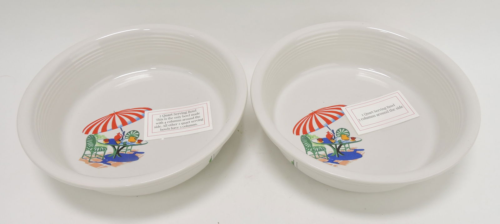 Fiesta Post 86 Sunporch lot of 2 two: quart serving bowls, one with 4 columns on one side (only one made) and one with 3 columns on one side