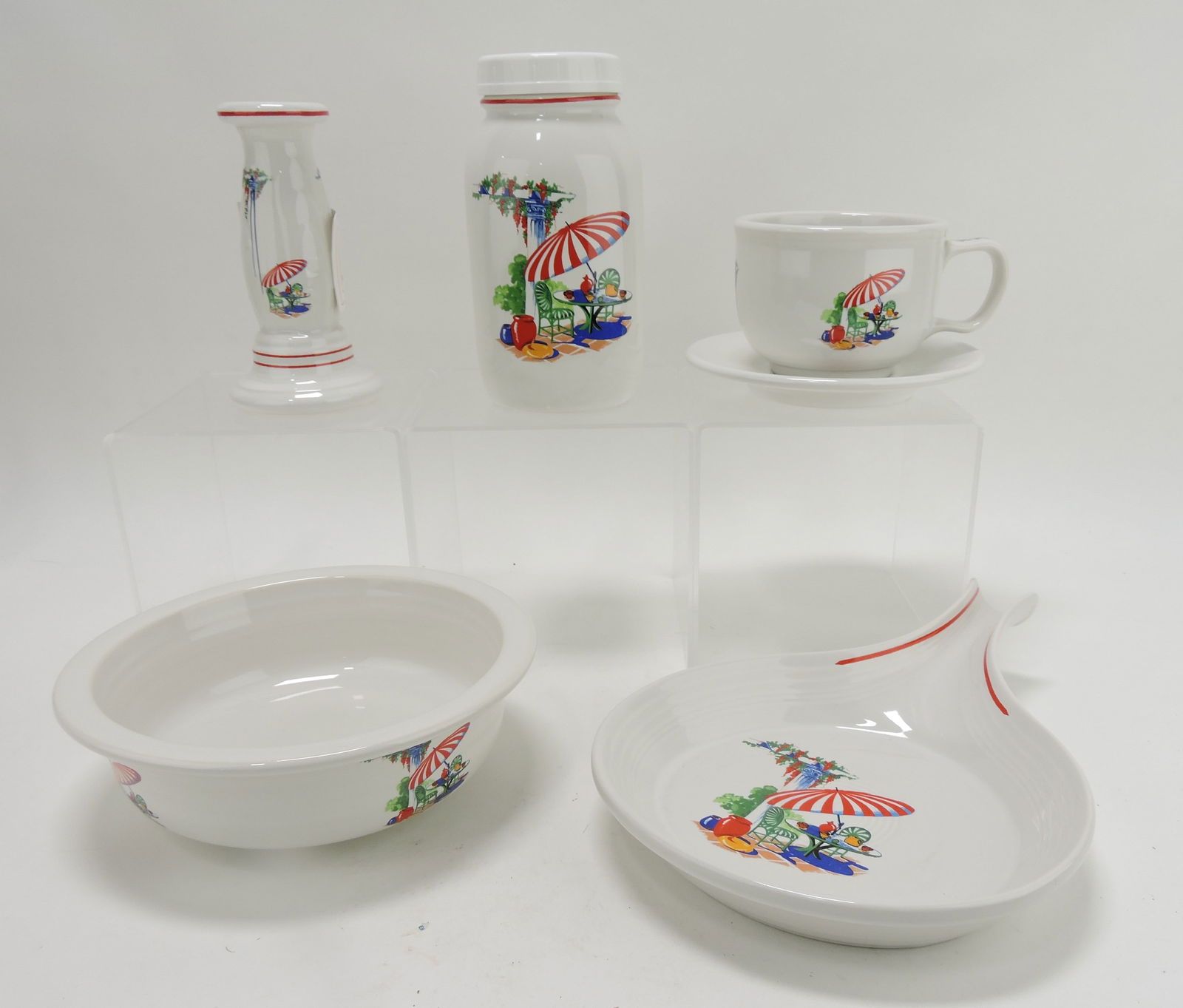 Fiesta Post 86 Sunporch lot of 5 pcs:: tapered candle holder, jar, jumbo cup & saucer, nappy bowl, and oven skillet
